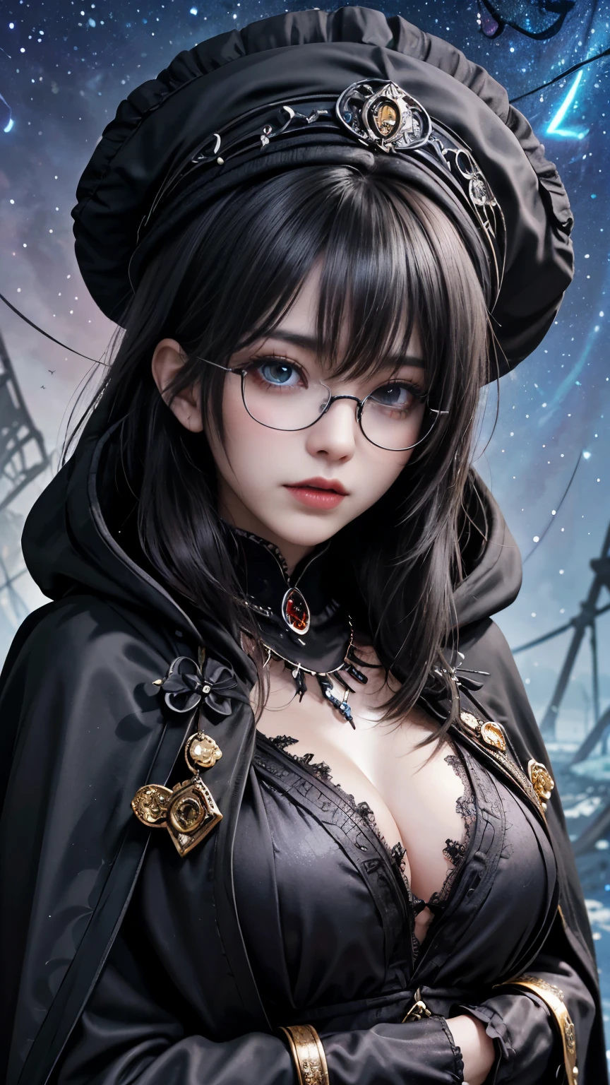 (Fatal Beauty,A charming villain,witch) ,(A supple and powerful physique),(Sensual charm),(Mysterious charm:1.1),(Captivating silhouette),(highest quality,High resolution:1.2),(dark,Threatening:1.1),((dark horror theme:1.5),(Thriller:1.5)),(Dark fantasy:1.5), (((Countless stars fly away:1.5),(Absurd:1.5),(wonderful:1.5))),Woman in a dress, ((((Glasses))))、((((big sapphire necklace))))、(Powerful numbers:1.1),(((Big Breasts))),(((Fiery crown:1.1))),prime color,Urban,Very detailed,masterpiece,Intricate details,Faded,Very detailed, Eye on the details,Intricate details,Dark and spooky atmosphere, spiritual being, Unforgettably beautiful, Ghostly figures, Shadow-like shape, Spooky whispers, Ominous Aura, Goth Maiden, Very darkHer eyes, Like dazzling fur in a starless haze,Her Mogul Snaps, Mysterious Cemetery,Black hair swaying in the moonlight, She summons darkness, (beautiful: 1.7), (Black Hat: 1.6), (An intricately decorated jet-black cloak: 1.6), (Delicately decorated cloak, Despite being damaged: 1.5), Hypermaximalist, Breathtaking oil paintings, Surreal, Ultra-realistic digital illustrations that mimic the style of oil paintings, Seamlessly blending the psychedelic visionary art of Alex Grey with the physical-mechanical aesthetic of H.R. Giger. Wonderful configuration, (Shining Eyes:1.6)、(Glowing Eyes:1.1),(hellish landscape:1.1),(fire,sulfur:1.1),(Threatening atmosphere:1.1),(dark shadows,Threatening presence:1.1),(Unlucky Clouds,Stormy Skies:1.1),(dark,Spooky atmosphere:1.1),(Aura of misfortune,Evil energy:1.1),(dark aura,cigarette:1.1),(Extreme heat,Burning Flames:1.1),(Nightmare Visions:1.1),(Predicting the end:1.1),(Whispers of misfortune,Devilish Laugh:1.1),(Cries of pain,echoing screams:1.1),(Bad luck symbol,Ancient runes:1.1),(Mysterious Relic,dark art ifacts:1.1),(Infernal Ritual,Ritual sacrifice:1.1),(Eternal Ruin,A hopeless existence:1.1), Inspired by abandoned mech backgrounds. Art created by Craig Mullins, Necrostyle., Detailed Description, Futurist