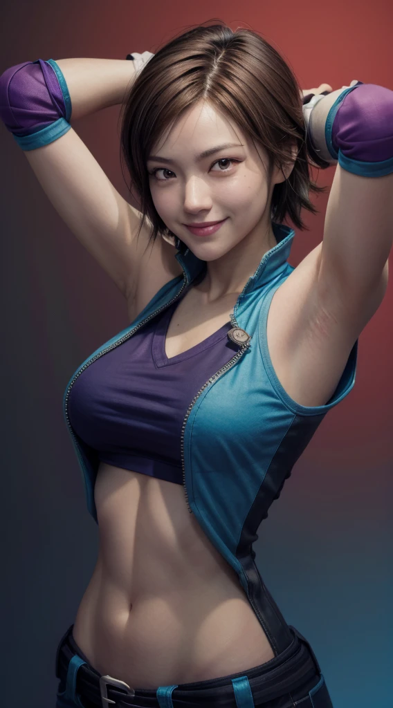 masterpiece, best quality, asuka kazama, brown hair, see-through, fingerless gloves, blue sleeve arm,looking at viewer, furrowed brow, smile, upper body, gradient background, red background, large breasts, armpits visible