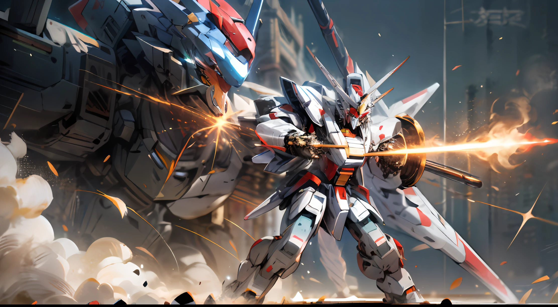 Super real,Boy mech,full bodyesbian,Full body mecha,Dragon head mech,Lifelike,combat state,battleground background,Laser cannon,Blue eyes,A detailed,in mecha style,Gundam Warrior,Japanese anime,battleground background,wallpaper hd,8K