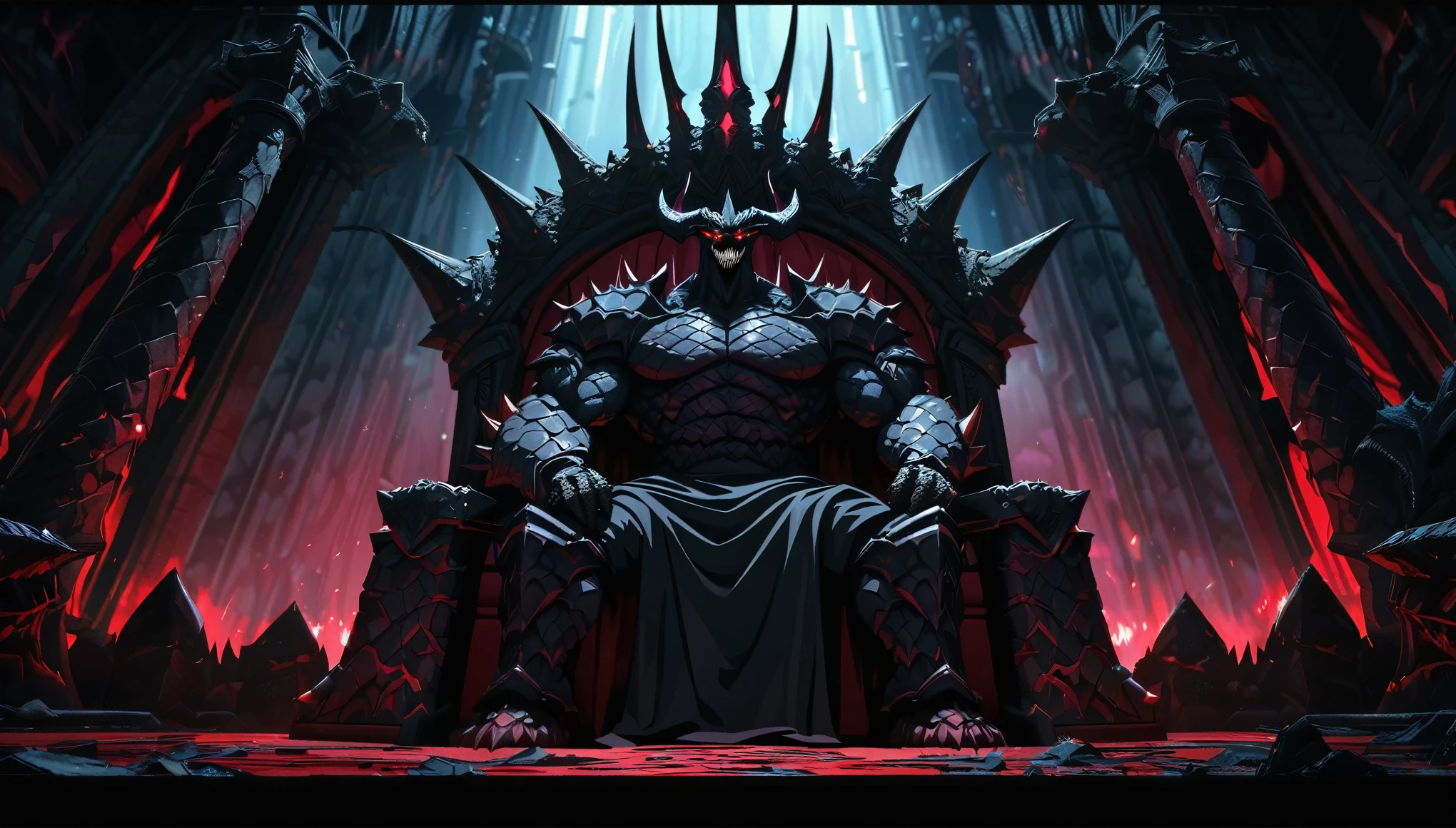 anime aestetics, demonic throne room, dark colors, dim light, cold colors, spiky throne, black stone collumns, gothic style, demon lord sitting on the throne, huge muscular demon, glowing eyes, long horns, scales armour, dark red skin, black scales, huge intimidating smile, angry eyes, long sharp teeth, wide shot, perspective, atmospheric perspective, highres, HD, 4K, best quality, masterpiece, super detail