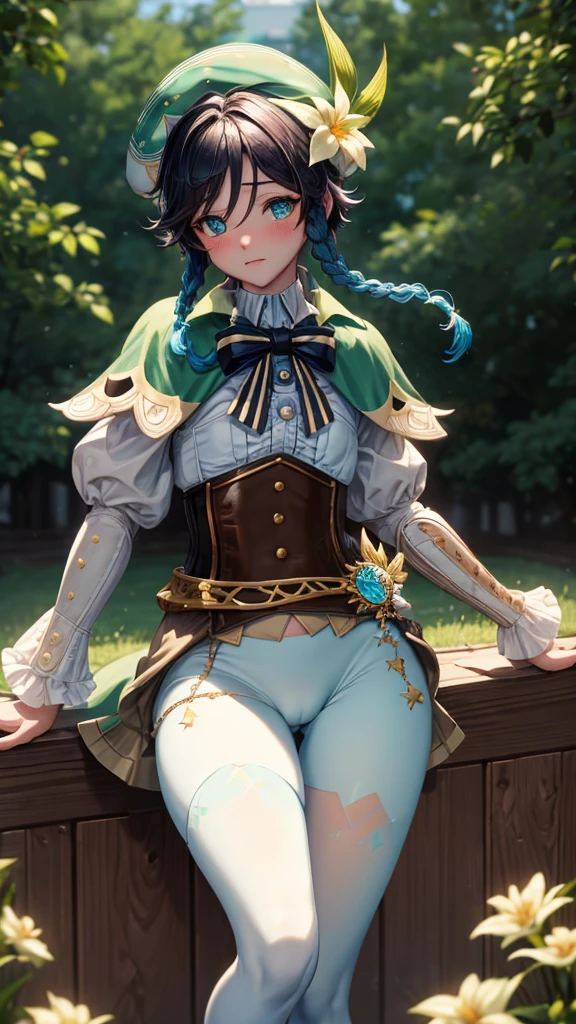 Masterpiece, Best Quality, 1 Girl, Ventidef, Beret, Flower Hat, White Shirt, Lace, Long Sleeves, Ruffled Sleeves, Corset, Cape, Green Panties, See Through, Tight Clothing, White Pantyhose, Jewelry, Brooch, Bar, Blushing, Skinny, Cameltoe
