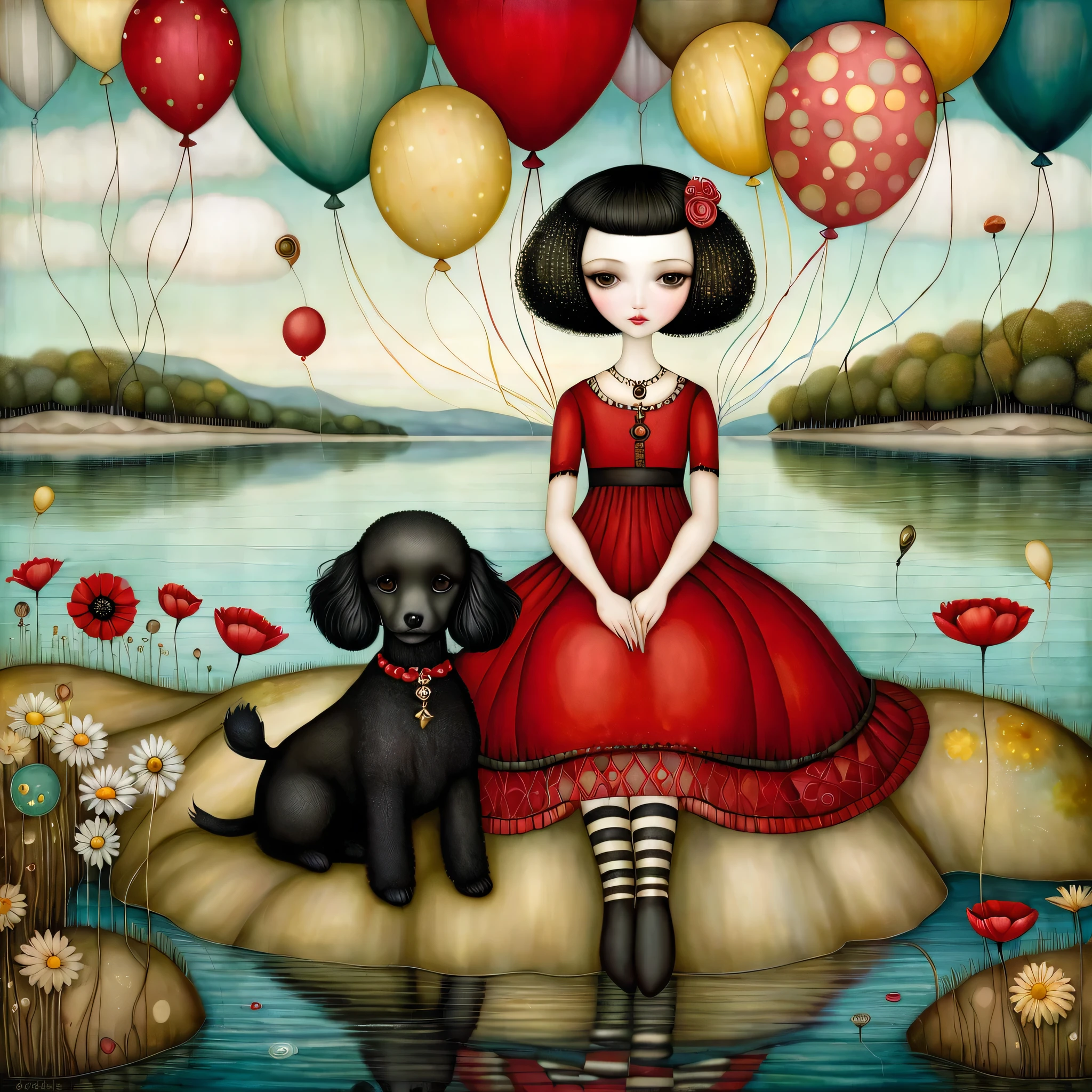Painting of a girl and her dog sitting on a rock with balloons - SeaArt AI
