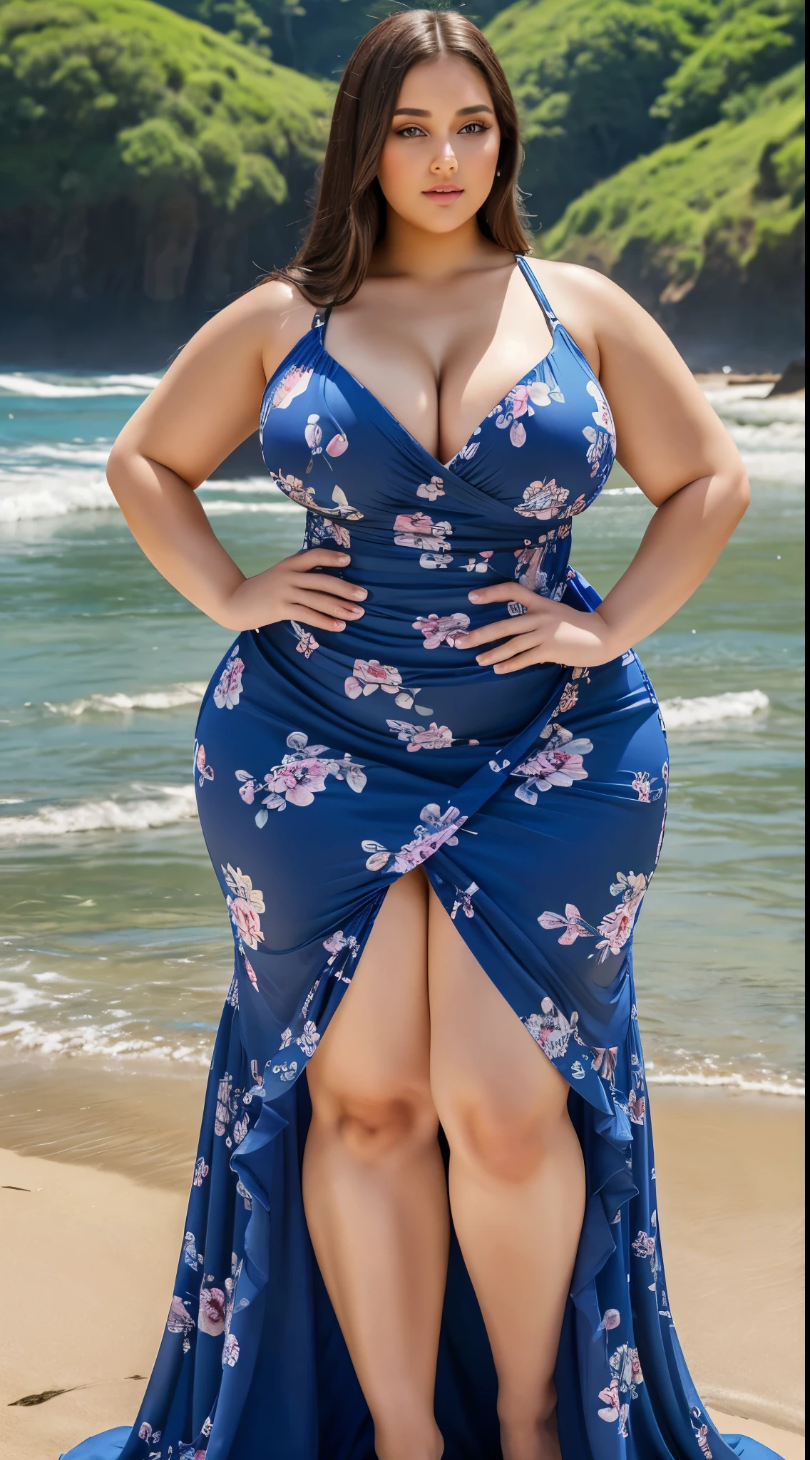 3 Girls , full body dress (blue long dress, highly detailed and realistic dress, realistic nature, curvaceous and  body) [exquisite brushwork, stunning colors, soft lighting, serene atmosphere], ,(big booty)  Plus size bbw big ,, (wide booty)insanely inflated hips,Thick body ,fat body , curve shap body, widest hips , thick hips ,widest breast,  thick breast, flower design in dress ,beach in water