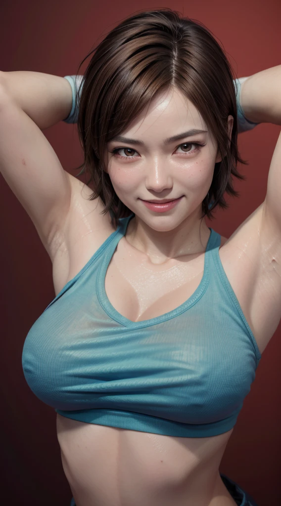 masterpiece, best quality, asuka kazama, brown hair, see-through, fingerless gloves, sweat, sweaty, looking at viewer, furrowed brow, smile, upper body, gradient background, red background, large breasts, armpits visible