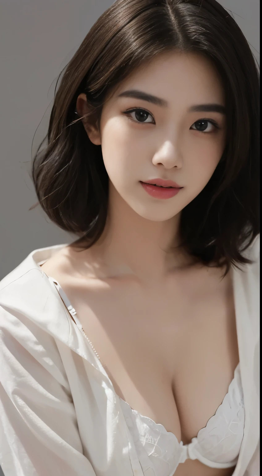 Create a (( mid-shot )) photorealistic image of a beautiful Asian woman with fair, smooth, flawless skin. She has large, round, sparkling eyes with naturally long and curled eyelashes, and well-defined, dark eyebrows. Her nose is straight and high, and her naturally pink, soft lips form a gentle smile. She has short, slightly curled brown hair that highlights her delicate facial features. Her face is oval-shaped, with a wide and high forehead, moderately high cheekbones, and a pointed, slender chin. (colored picture), (( )),((wearing white open shirt and black bra)), (()), As she confidently posing for camera, , studio light, gray background, full body
(( waist to top))