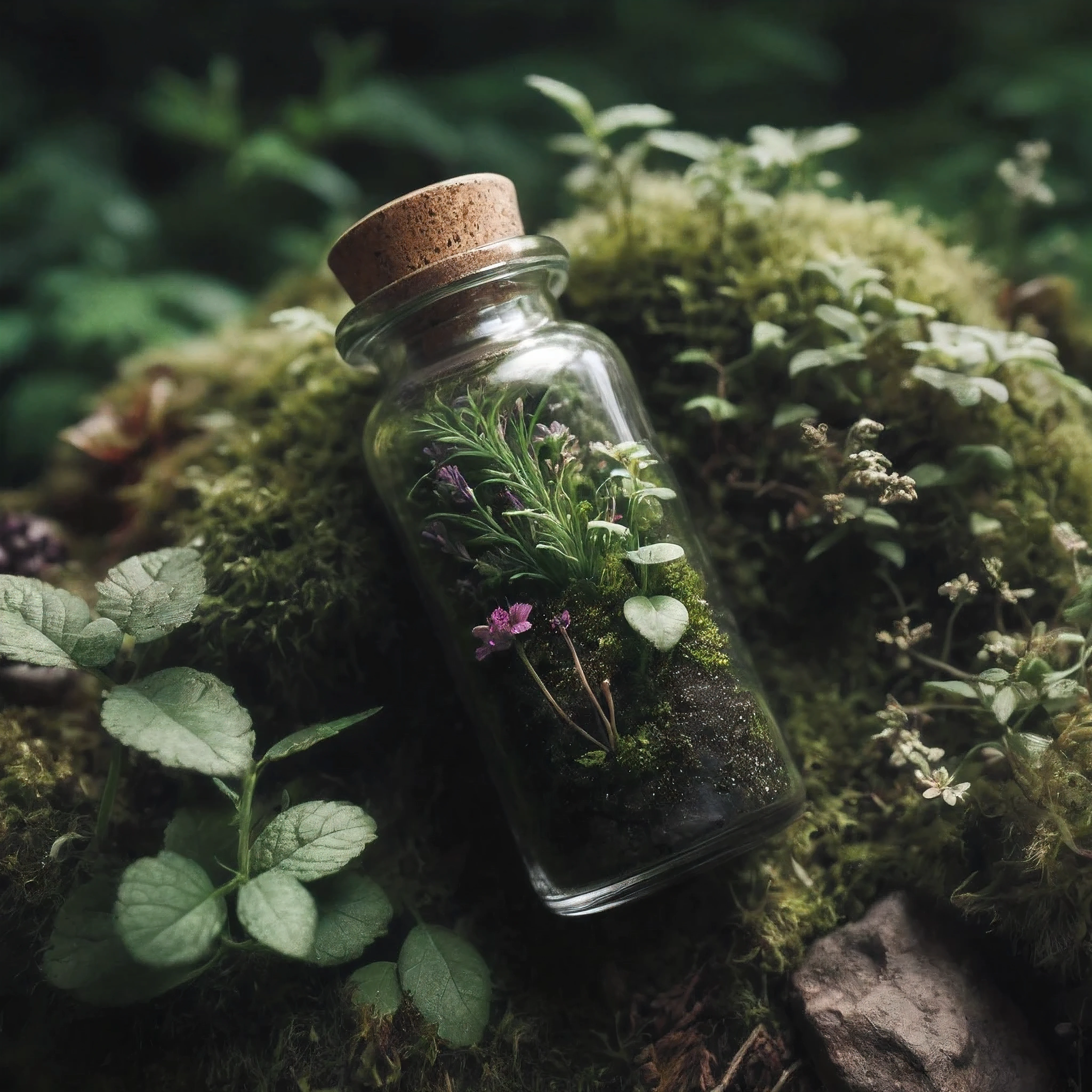 (best quality,4k,8k,highres,masterpiece:1.2),ultra-detailed,(realistic,photorealistic,photo-realistic:1.37), raw photo of a pebble and herb and soil filled spell vial on moss and forest foliage, evocative atmosphere, witchcore aesthetic, cottagecore, shabby chic, delicate, romantic, green witch vibe, forest witch, eerie, gothic, angled perspective, side-top view, centered composition, ambient light, caustics, low contrast, greenery, herbs, flowers, moss, accurate, f/4.0, 35mm, UHD