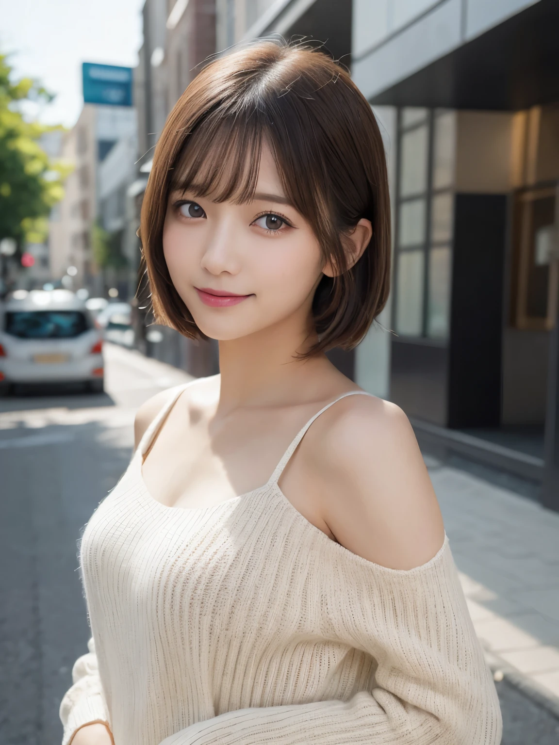 masutepiece, Best Quality, Illustration, Ultra-detailed, finely detail, hight resolution, 8K Wallpaper, Perfect dynamic composition, Beautiful detailed eyes, doress, short Hair, mid-chest, Natural Color Lip, Random and sexy poses,Smile, Blurred white photography studio background、20 years girl、Colossal 、Too much exposure、No shoulder knitwear(brown)、Exposing the chest、Slid、I keep my hair tied up