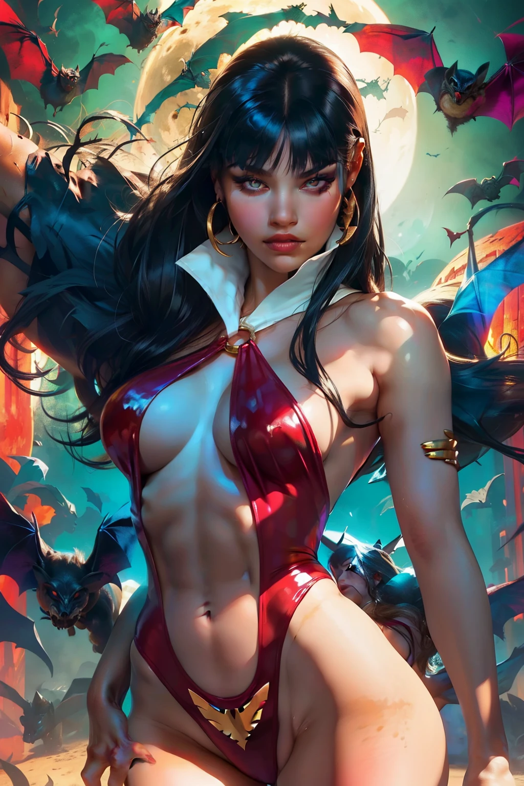 sexy vampirella wearing a deep V red swimsuit, ((Full moon and bats background)) , oily shiny skin, red eyes, hot and fit body, naughty, slutty, camel toes , detailed eyes,  flirty, sexy, naughty, large perky , realistic, HDR, UHD, dynamic, front view, dark outside. moonlight, glowing red eyes