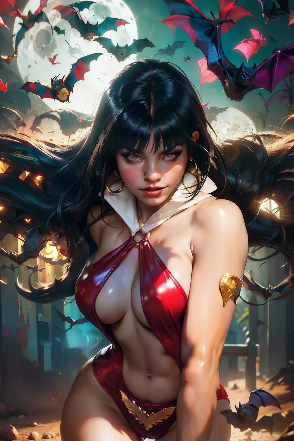 sexy vampirella wearing a deep V red swimsuit, ((Full moon and bats background)) , oily shiny skin, red eyes, hot and fit body, naughty, slutty, camel toes , detailed eyes,  flirty, sexy, naughty, large perky , realistic, HDR, UHD, dynamic, front view, dark outside. moonlight, glowing red eyes