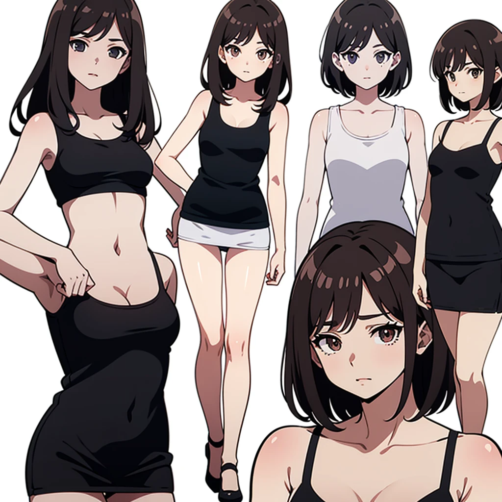 Character Sheet,Anime style,(masterpiece),illustration,8k,ray tracing,finely detailed,best detailed,Clear picture, 28 years old,Medium_Hair, darkbrown Eyes, longhair, White tanktop,mature female,milf, slender small breasts,panty shot ,white panty,White background,Plain background