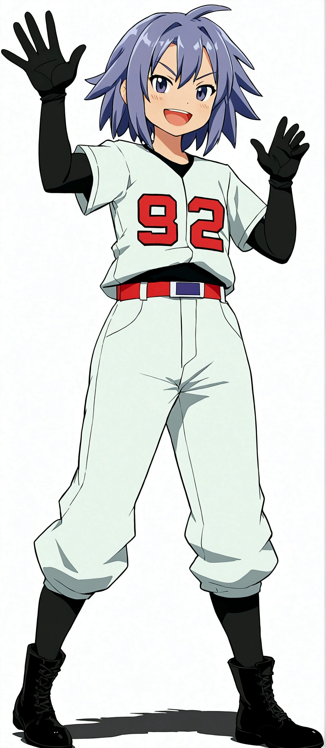 Cartoon Characters,Baseball uniform,Purple,hair,Smile,Hands in the air,1boy,belt,Black shoes,黑色的Gloves,蓝色的hair,boots,whole body,Gloves,Kojiro \ (Pokémon \),open mouth,Pants,shirt,solo,Standing,Rockets,Rockets,白色Pants