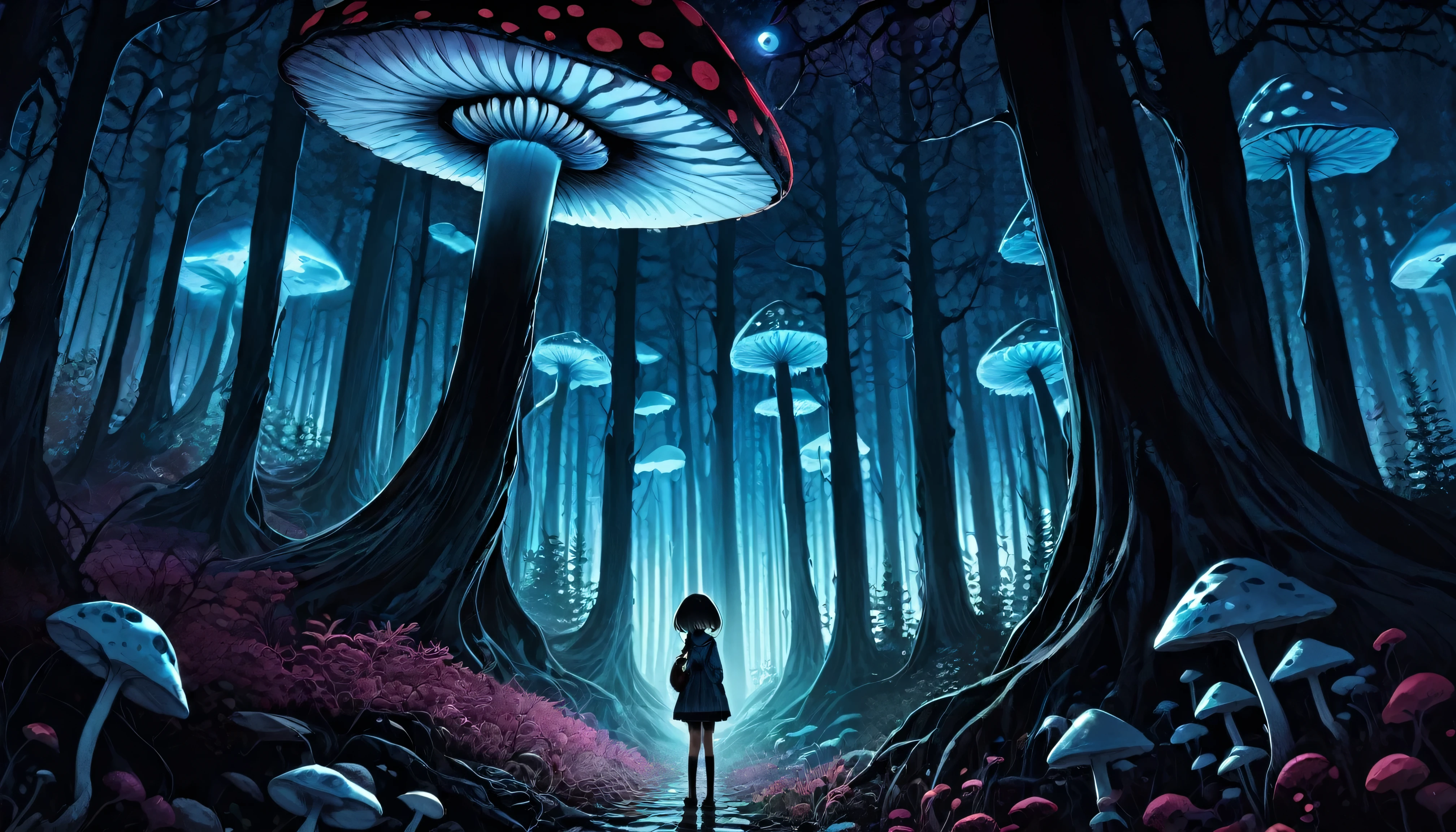 [Written by Junji Ito], Dark horror landscape, [Detailed Shadows], [vein], (Glowing mushroom forest), One girl, Giant Cosmic Eye, Tears flow, Spiral fungus, High resolution