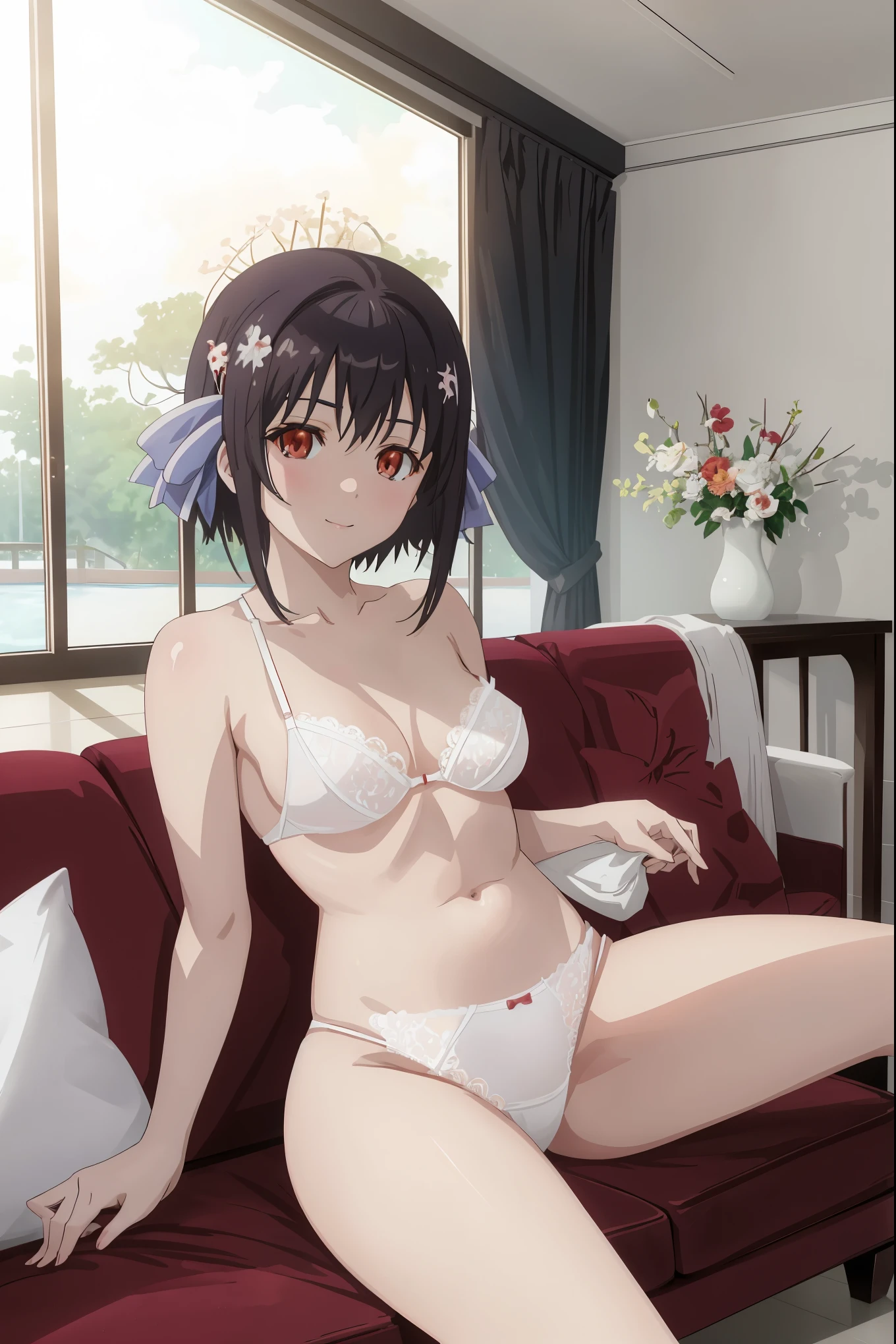 [[anime styled]],[[digitalart]],masterpiece,best quality,Tomomi_Xijing,(red eyes),black hair,Short hair,Hair Ribbon,(midium build),NSFW,1girl,((sitting on the couch,reclining)),face focus,short torso,Perfect Lighting,[perfect anatomy],,((nude)),((white floral lace panties,)),[white floral lace bra,take off a bra],cameltoe,relaxing,seductive smile,   break background living room,couch