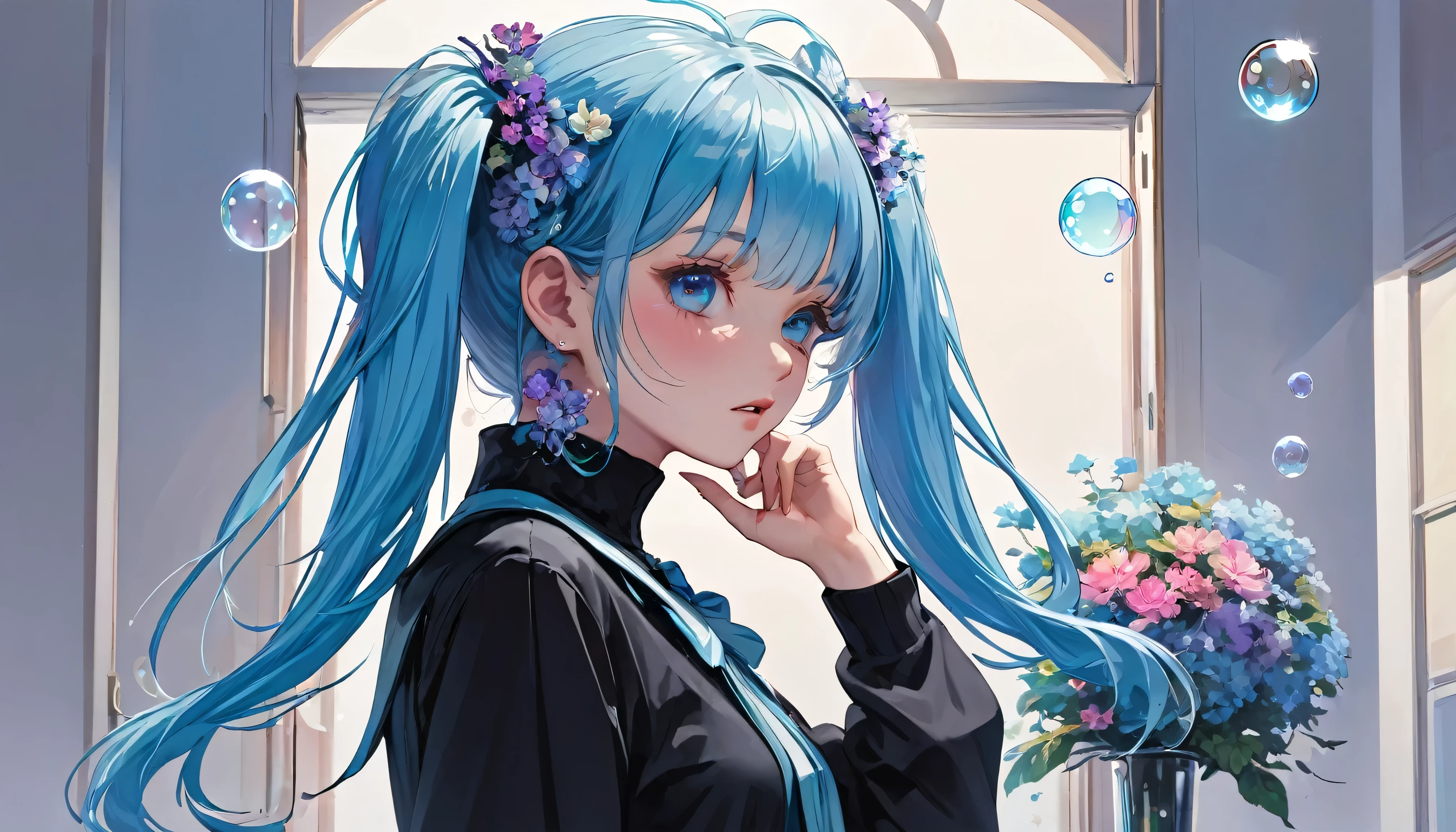(masterpiece), (highest quality), (Super detailed),(Disheveled Hair),(figure), (One girl), (Fashionable clothes), Are standing, Fashion Model, View Viewer, (interview), (Simple Background),Beautiful fine details, Delicate and beautiful face, floating,(High chroma),(Colorful splashes),Colorful Bubbles,(The Shining), Focus on the face,  ponytail, kamisato ayaka, Light blue hair, bangs, Hair Ring, Floating Flowers, Floating hair, (The Shining), Best lighting, Best Shadow,