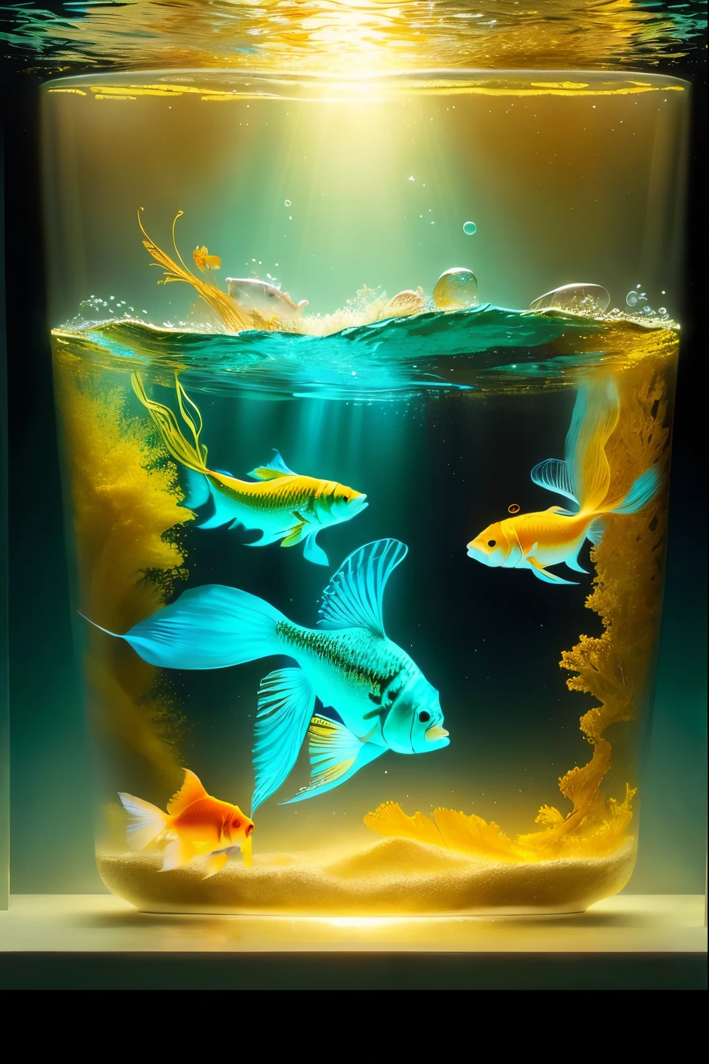 there are two peixinho dourado swimming in a glass of water, floating peixinho dourado, peixe nadando around, peixinho dourado, goldfish in water exoskeleton, peixe nadando, peixes swimming, peixes, por Paul Davis, por Ken Elias, fotorrealismo ", you see peixes, joe webb, aquarium, por Anna Haifisch, aquatic life, por Jon Coffelt