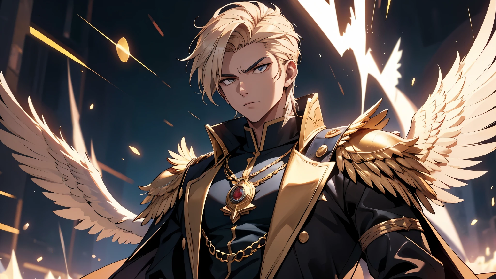 A young eagle boy hero who wear gold eagle god , angry , cool handsome , stylish , coulour full , flashy bold coulour , beautiful background , 4k ultra uhd , hero 