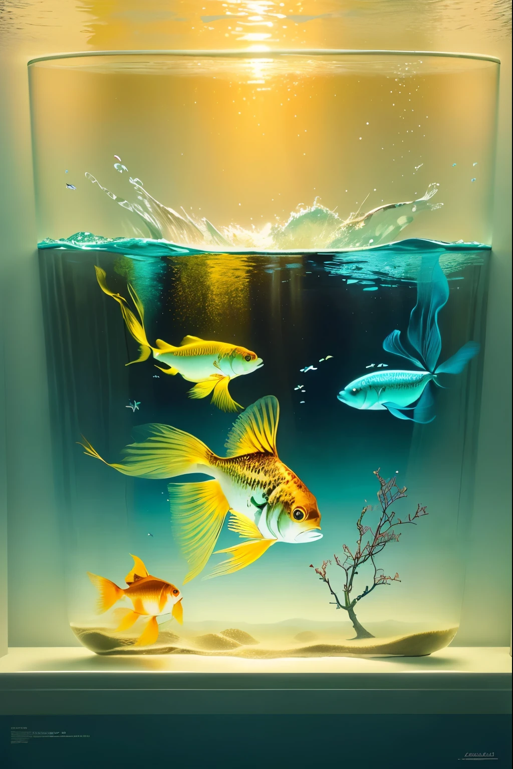 there are two peixinho dourado swimming in a glass of water, floating peixinho dourado, peixe nadando around, peixinho dourado, goldfish in water exoskeleton, peixe nadando, peixes swimming, peixes, por Paul Davis, por Ken Elias, fotorrealismo ", you see peixes, joe webb, aquarium, por Anna Haifisch, aquatic life, por Jon Coffelt