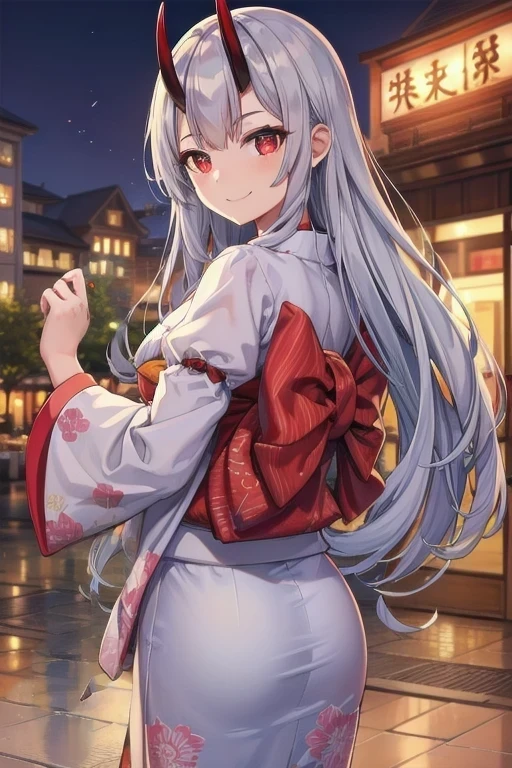 a beautiful girl with glowing red eyes, long silver hair, and oni horns, wearing a long kimono with puffy sleeves and hands behind her back, smug smile, Torino style, 1girl, masterpiece, best quality