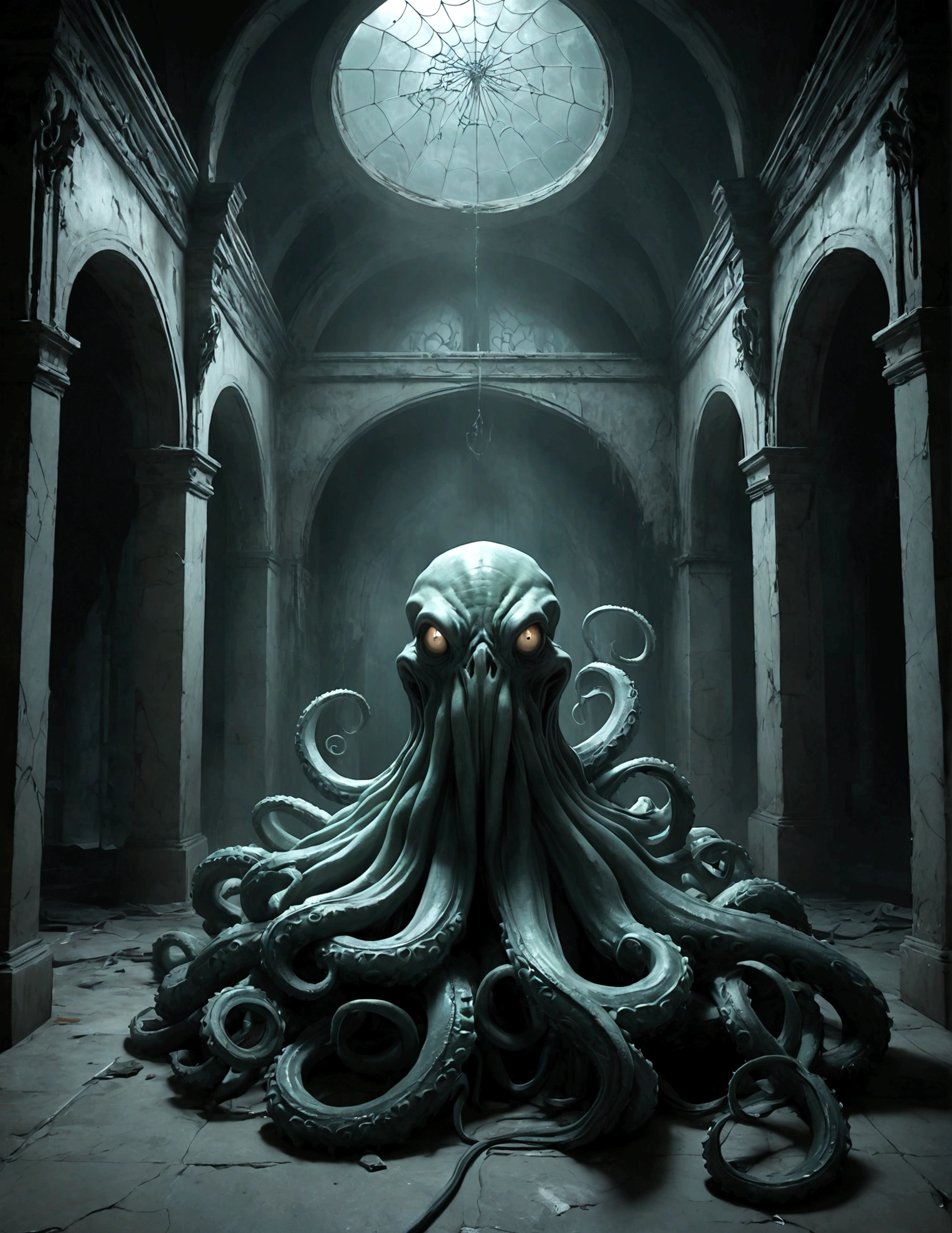 A Cthulhu creature made of marble，Tentacles，Dark Fantasy，Dilapidated wards，Spiderweb Corridor，Twisted metal bed，Peeling paint，Broken windows，Moonlight through，Shadows Lurk，Chiaroscuro lighting，Pastel color palette，（Best quality，4k，8k，High level，masterpiece：1.2），Ultra Detail，（lifelike，Photo real，照片lifelike：1.37），fear，Gothic