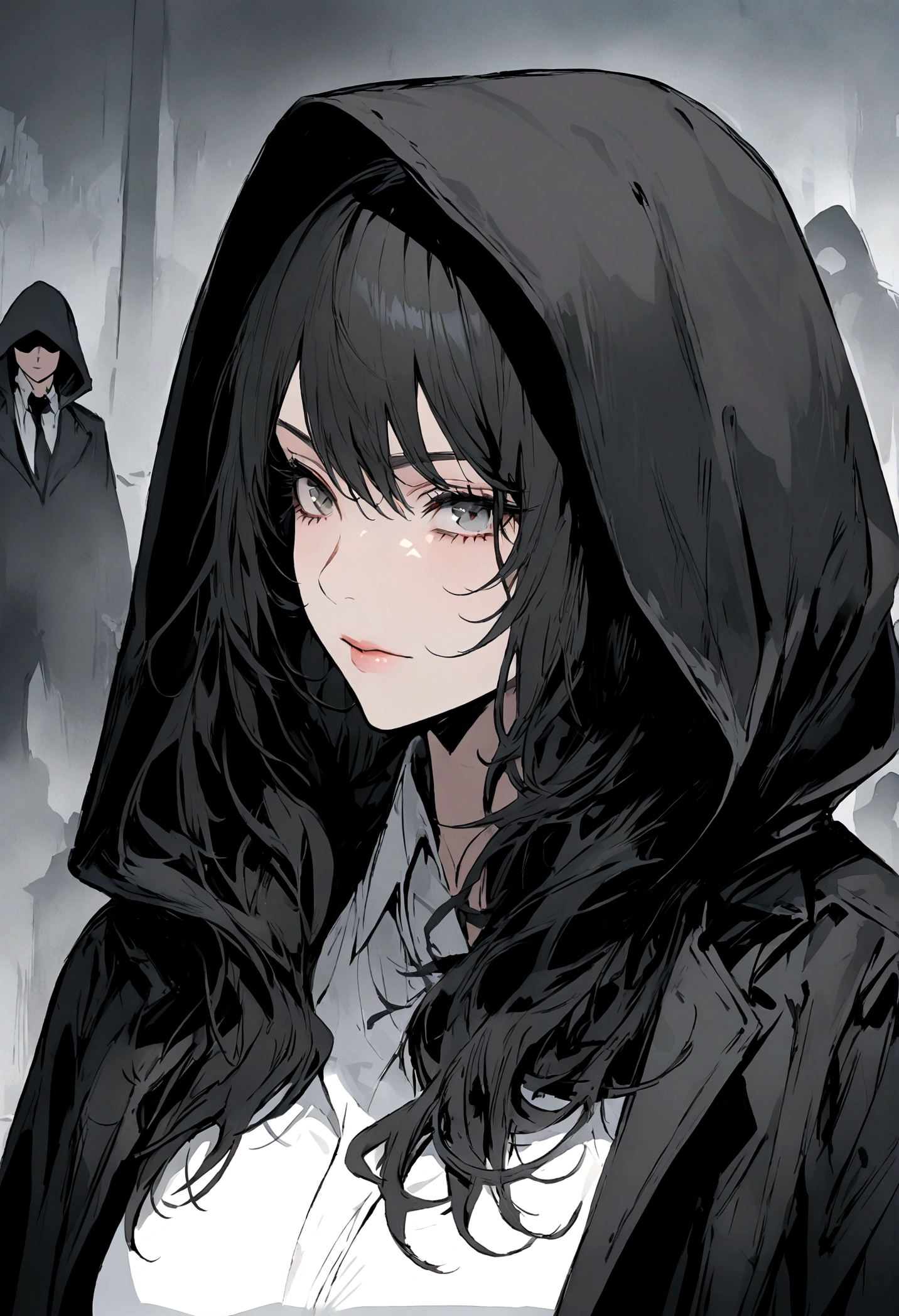 ((highest quality)), ((masterpiece)), (detailed), One woman, Hitman,Black Hood,An illustration