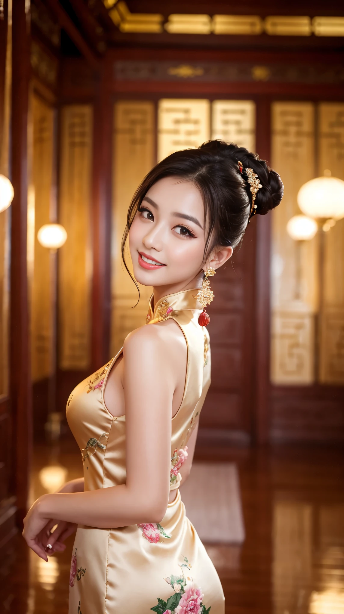 masterpiece、8K、32K、top-quality、(A cute Japanese woman)、detail portrayal、1 girl in、elegent、A sexy、(Cheongsam:1.2)、(Chinese Temple Background)、cowboy shot、ssmile、Angle from below、slit
