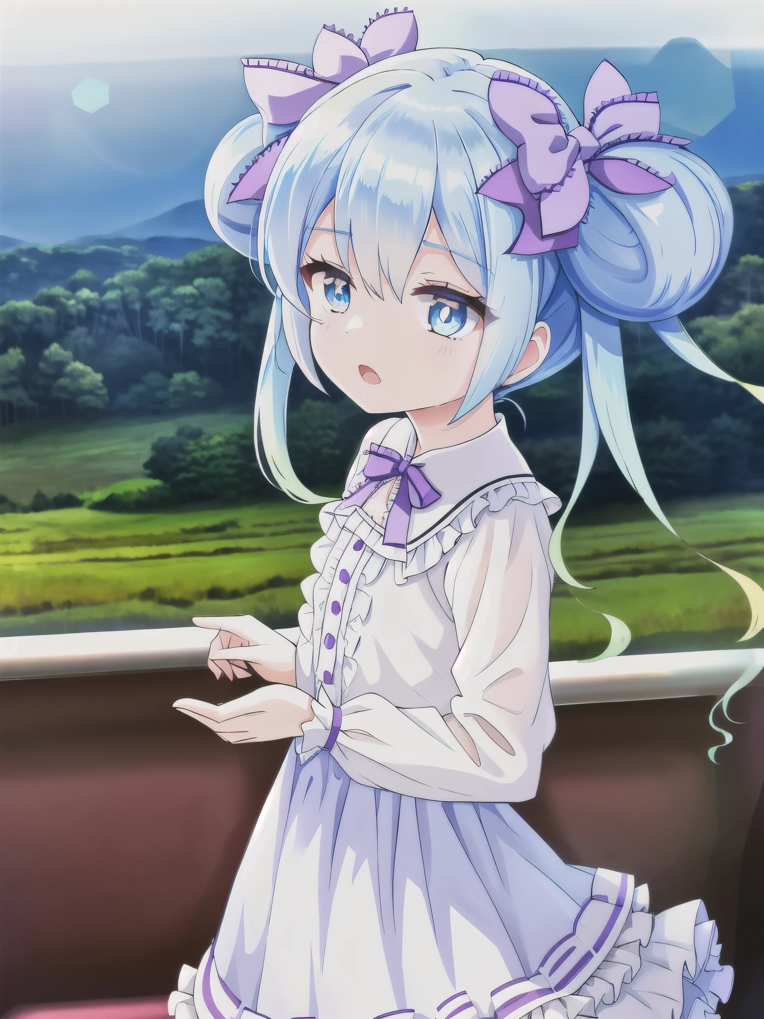 1 girl,alone,White blouse,,Frills, Flat Chest, long hair, blue eyes, double bun, purple bow, Blue Hair, Twin tails, Hair between the eyes, hair bow, eyebrows visible through hair, ],on the train,Looking down,landscape,rural,Open your mouth,Shining Eyes,Side view