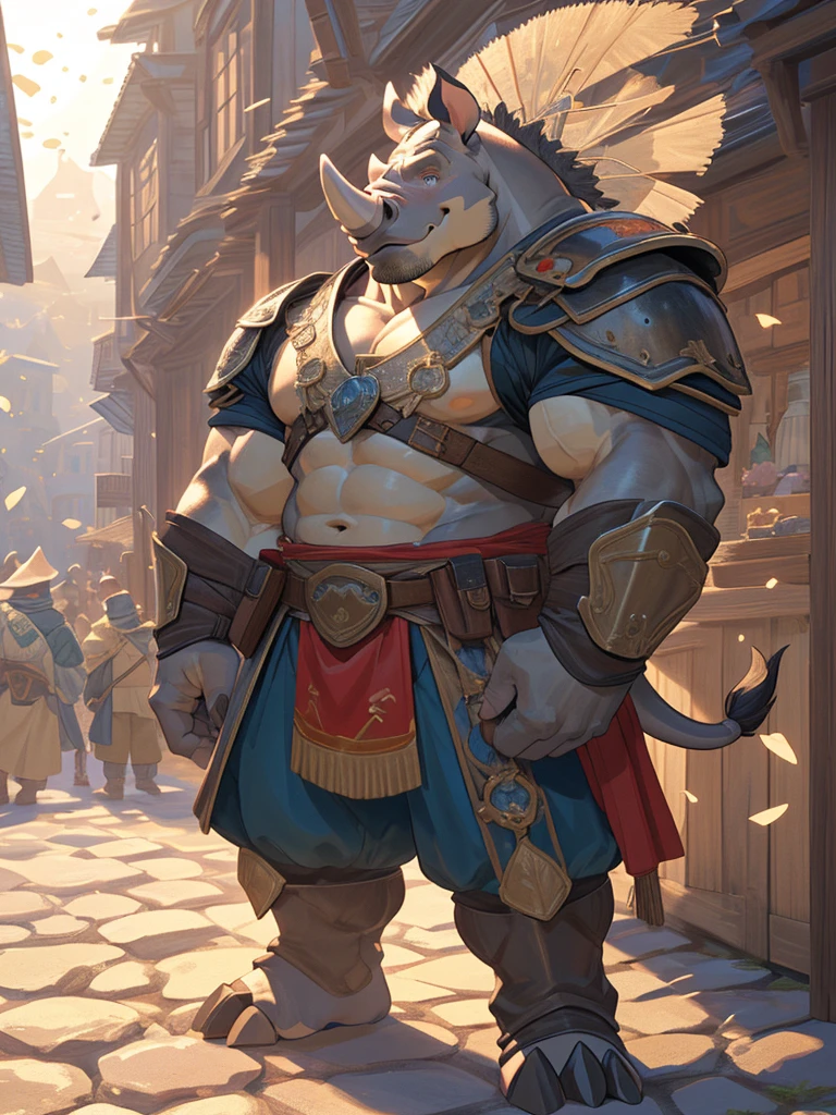 alone, kemono, (rhino), Humanity, male, ((Grey body)), scale,Very strong muscles, good looking, armor, Medieval, Fantasy, 屋outside, outside, bright, early morning, Port town,Dressed as a fisherman, Boldly smiling, performer, maleらしい, Toe Nails, amazing,Big crotch bulge, Depth of written boundary, Perfect lighting, (Particles of light),(highest quality),(masterpiece),(Ultra de Shippo Ed),Sharp focus,Particles of light