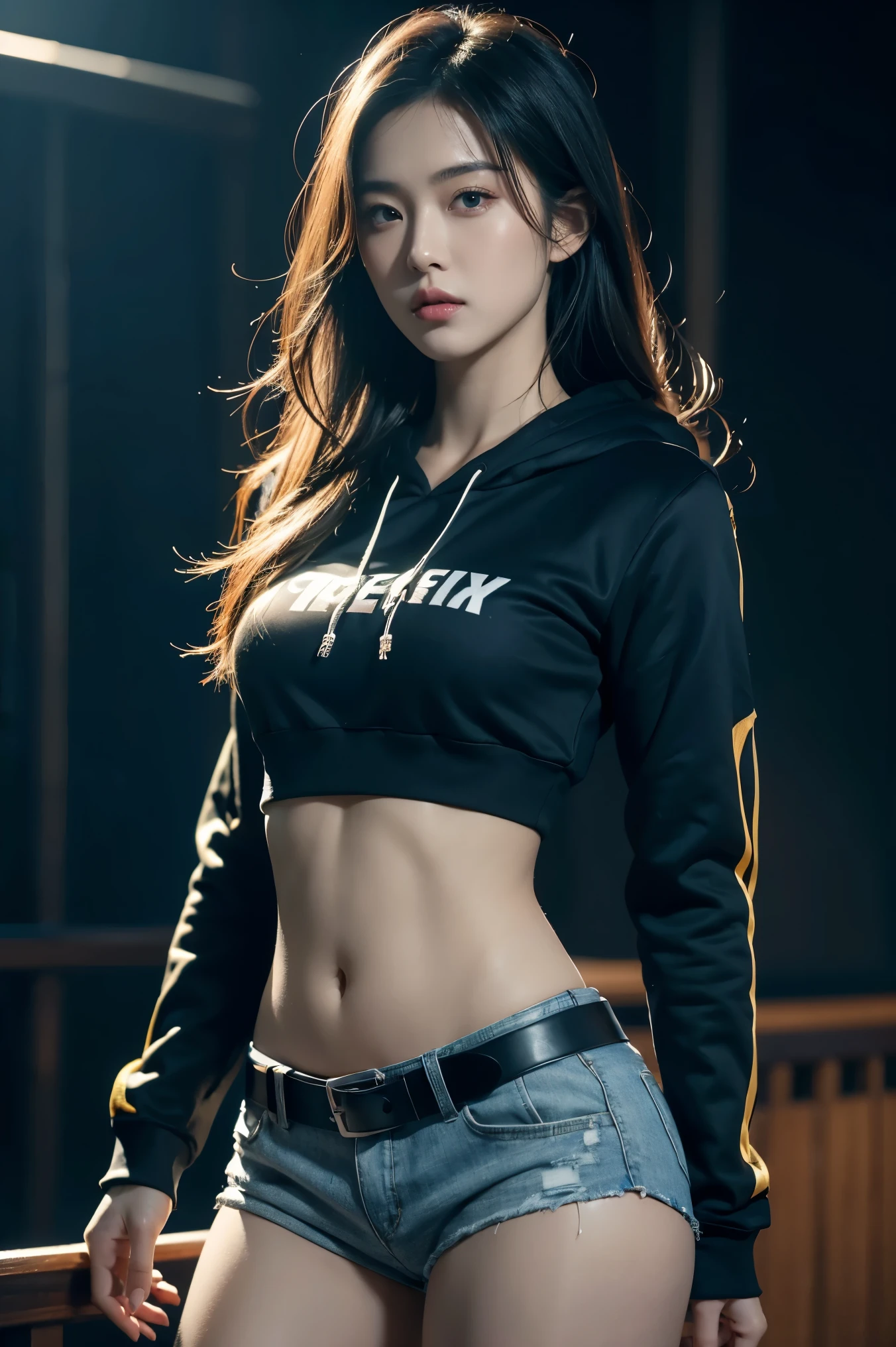 a Chinese girl ,Navel-exposed hoodie,Long sleeve,(( bare midriff, exposed navel)), sexy abs,The entire abdomen is completely exposed,Low-rise hot pants,Metal belt,cowboy shot,Hot summer street,Sweaty skin,beautiful detailed eyes, beautiful detailed lips, extremely detailed eyes and face, long eyelashes, cinematic lighting, 8k, best quality, photo-realistic, digital painting, concept art, dramatic lighting