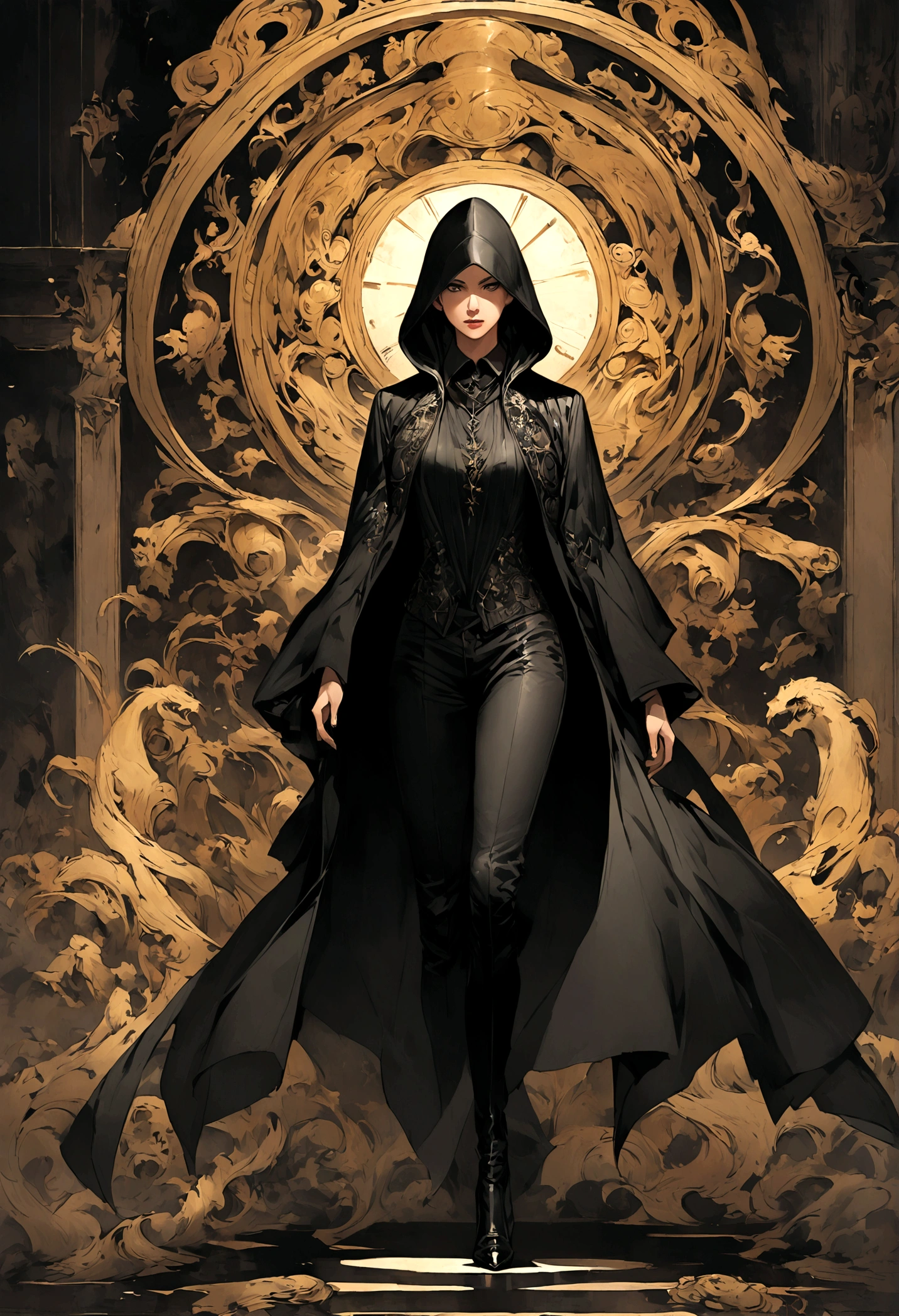 Black hood Blonde short hair woman An illustration whole body cool Hitman Fantasy