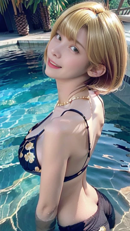 Enako,
One Woman,

((Golden Hair)),
Short Hair,
Bob cut hair,

Pearl Necklace,

Natural skin texture,Slightly large breasts,Narrow waist,

Black triangle bikini(Floral),
Black jeans pants,

seawater,rainbow,
Half submerged in water,

Slightly larger breasts,valley,expression(smile),blush,Back view,Beautiful back,

Depict the entire body,
Healthy Body,
Beautiful clavicle,
Natural hairstyle,
Natural facial contours,
Beautiful image quality,Delicate shades,4K,Very detailed,Delicate light adjustment,Delicate contour drawing,