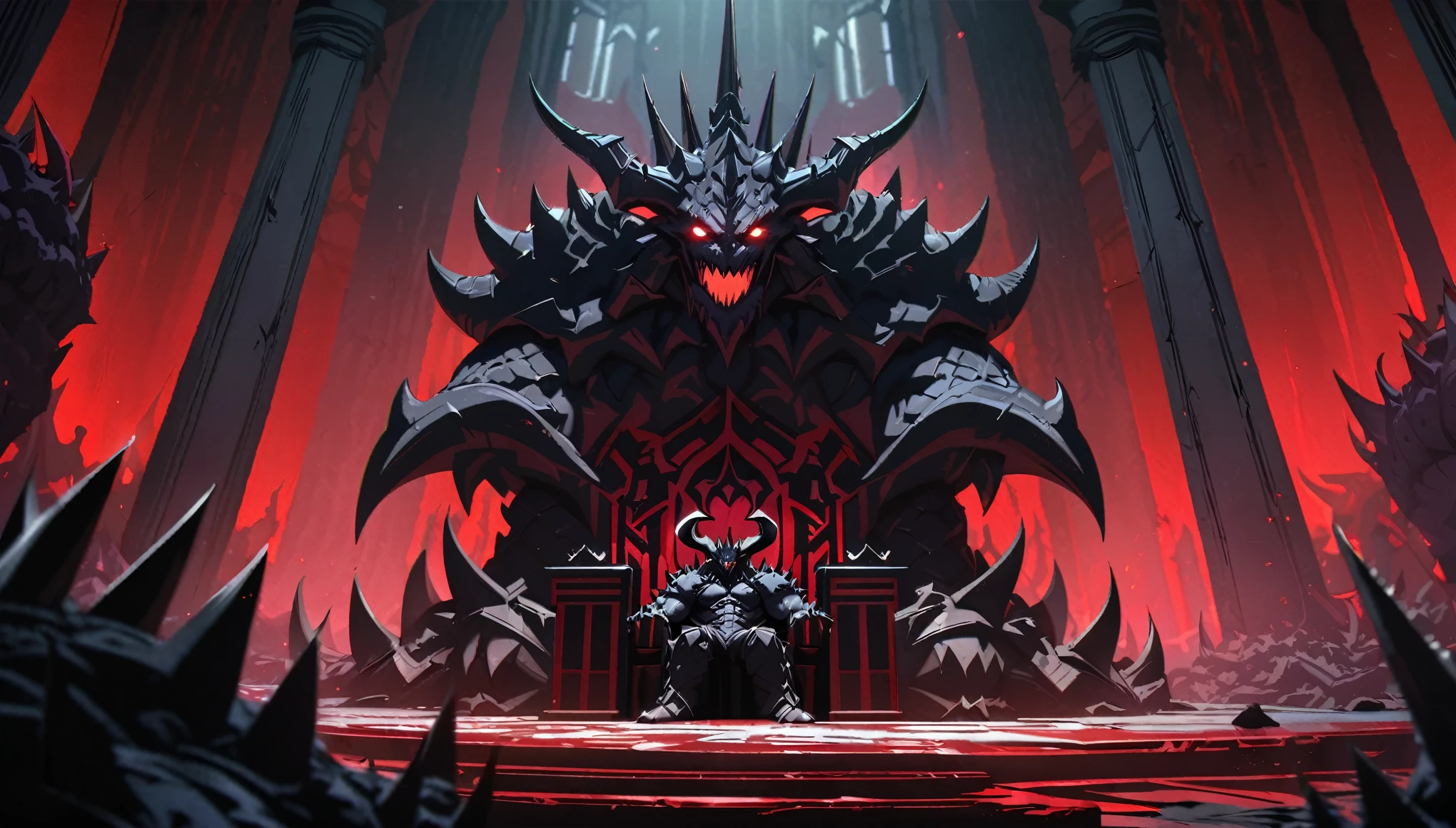 anime aestetics, demonic throne room, dark colors, dim light, cold colors, spiky throne, black stone collumns, gothic style, demon lord sitting on the throne, huge muscular demon, glowing eyes, long horns, scales armour, dark red skin, black scales, huge intimidating smile, angry eyes, long sharp teeth, wide shot, perspective, atmospheric perspective, highres, HD, 4K, best quality, masterpiece, super detail