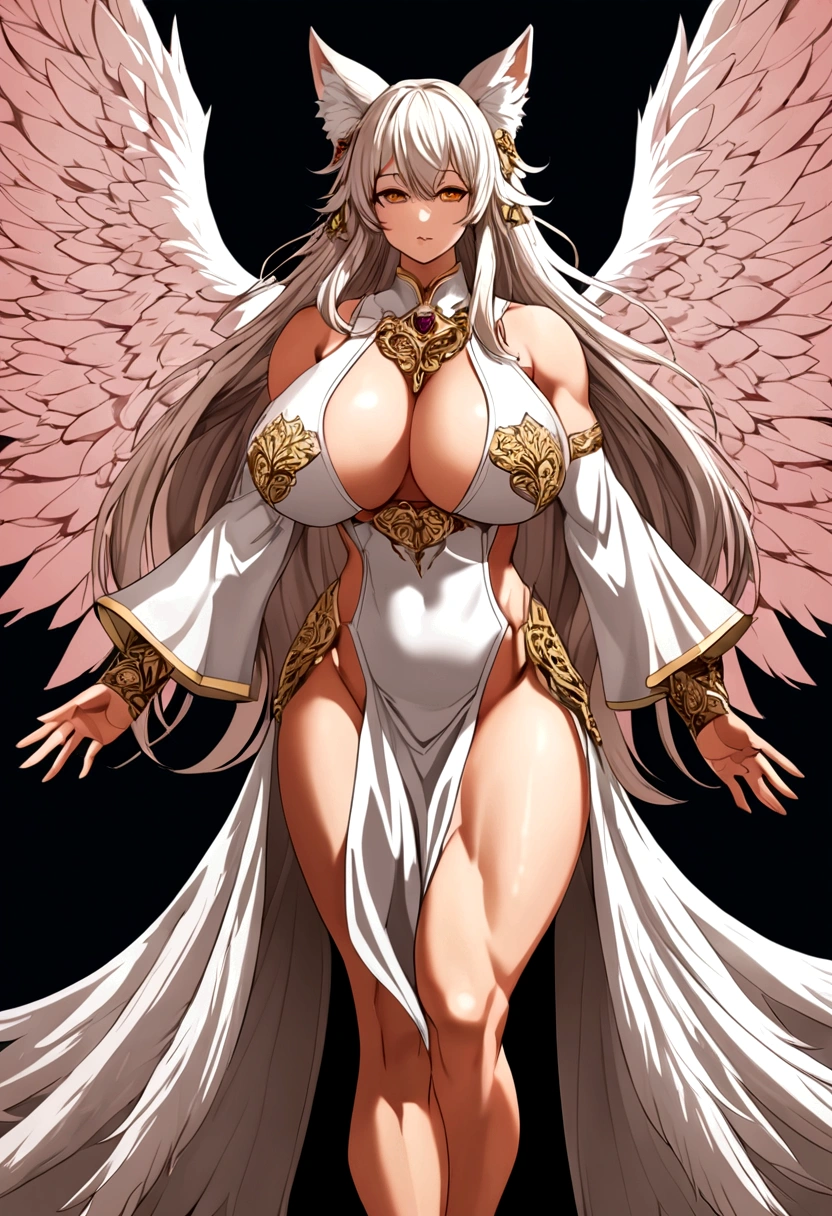 Fox girl with nine fluffy tails, erect massive penis, extreme muscular body, huge breasts and angel wings.