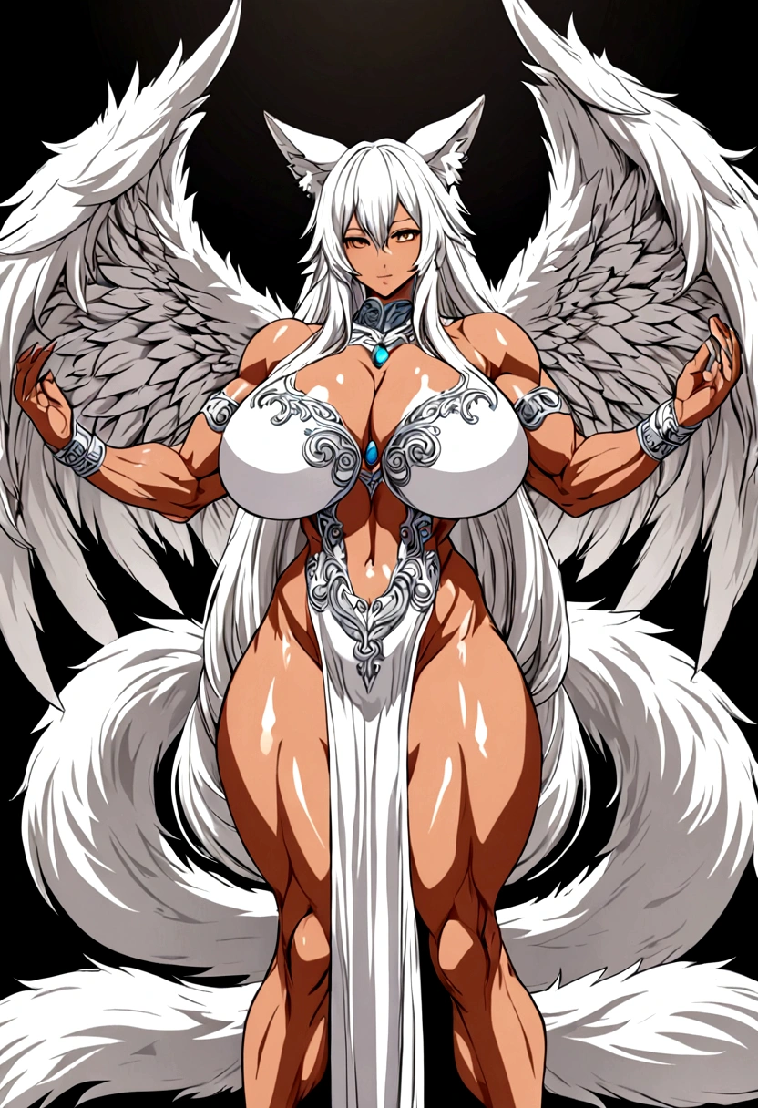 Fox girl with nine fluffy tails, erect massive penis, extreme muscular body, huge breasts and angel wings.