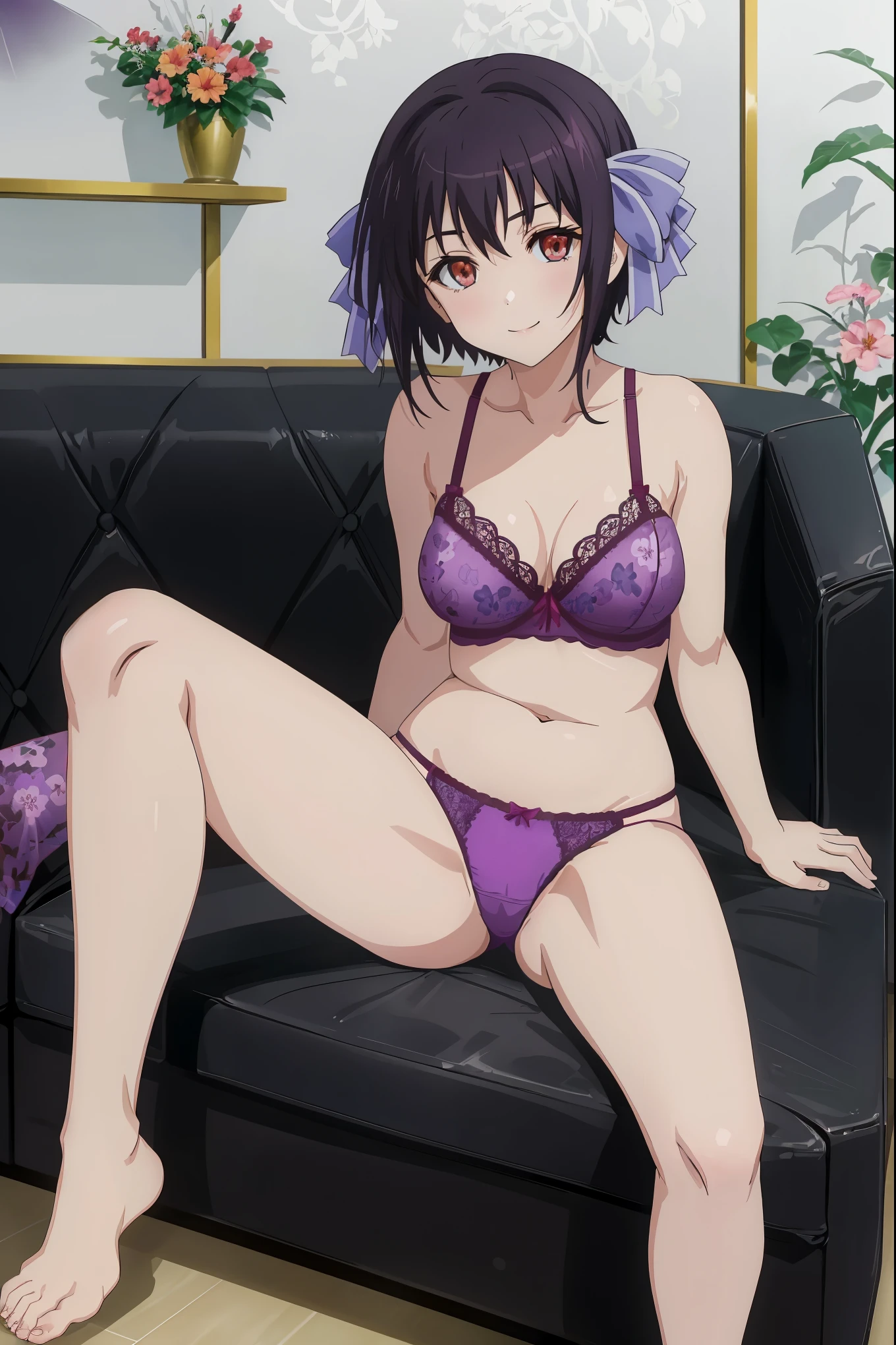 [[anime styled]],[[digitalart]],masterpiece,best quality,Tomomi_Xijing,(red eyes),black hair,Short hair,Hair Ribbon,(midium build),NSFW,1girl,((sitting on the couch,reclining)),face focus,short torso,Perfect Lighting,[perfect anatomy],,((nude)),((lite purple floral lace panties,)),((lite purple floral lace bra)),[take off a bra,nipples],cameltoe,relaxing,seductive smile,spread legs,   break background living room,couch