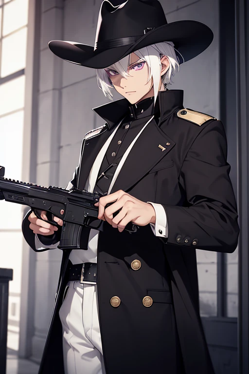 Boy,man,shorthair,white hair,straight hair,purple eyes,demon horn,handle gun,black uniform,black clothes,black coat,long coat,black cowboy hat,