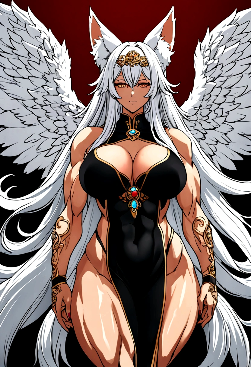 Fox girl with nine fluffy tails, erect massive penis, extreme muscular body, huge breasts and angel wings.