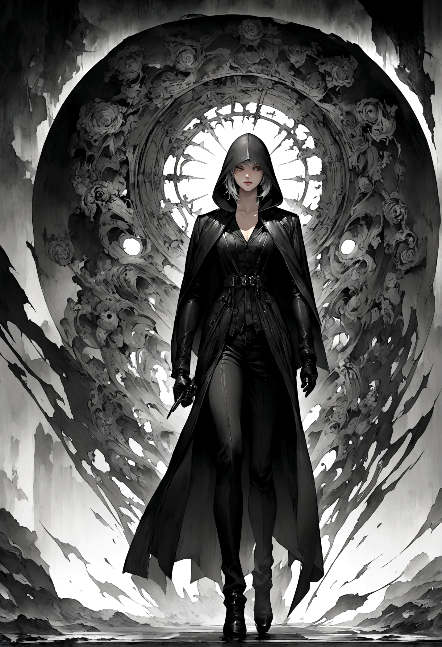 Black hood Silver Hair short hair woman An illustration whole body cool Hitman Fantasy