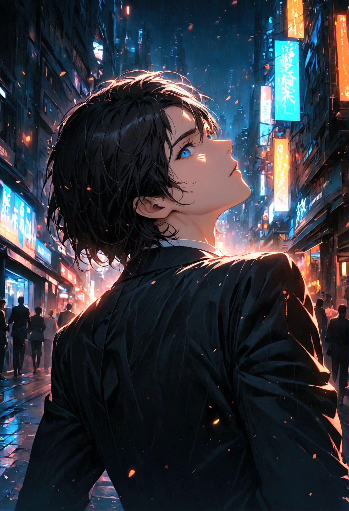 A black-haired, blue-eyed man in a black suit turned his back and half his face in the middle of the city at night.