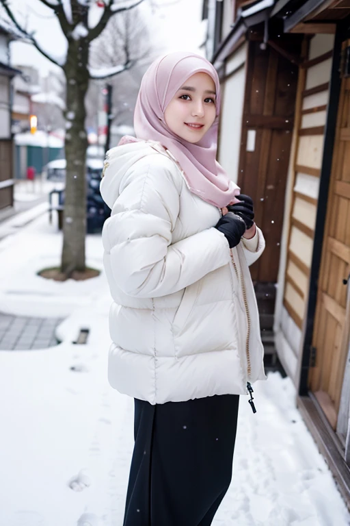 Best quality, 4K, 8K, Detailed faces,fully body photo, Clear face, Japanese muslim girl, 21 years old girl, Perfect body figure, Long slim legs, Pasmina hijab, black hijab, Long down jacket with hood, White jacket, Fur hood jacket, Gloves, Bedroom, Snowy Tokyo background 