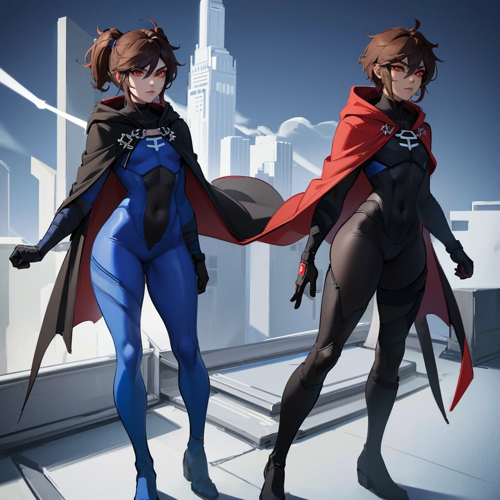 1boy, Femboy, superhero, crossdresser man, teenager, with a dark blue with red accents full body Spandex crow themed suit, with a blue cape, a blue glowing decal in the chest, black gloves and black boots that resemble crow feet, and a hoodie, long technological red sword, brown skinned, red eyes, feminine shoulder length dark brown hair, wide hips, thick thighs , flat chest, narrow waist, standing on the rooftop in the over a futuristic city at night ((only one character))