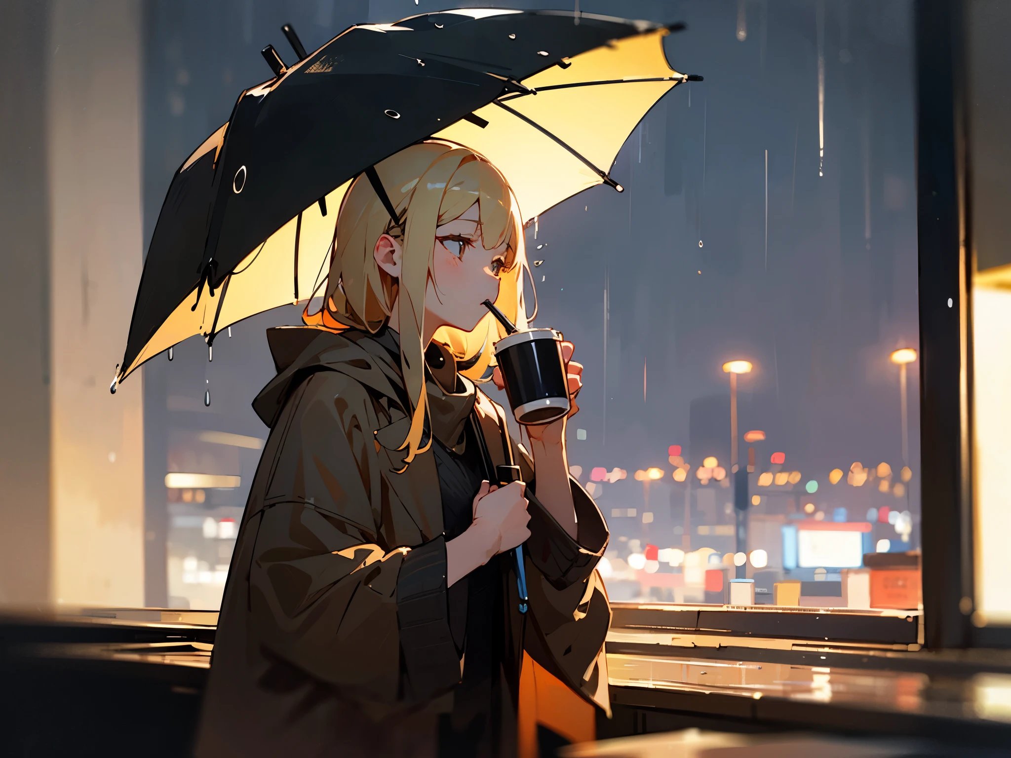 A blonde woman is drinking coffee and thinking alone。
night rain