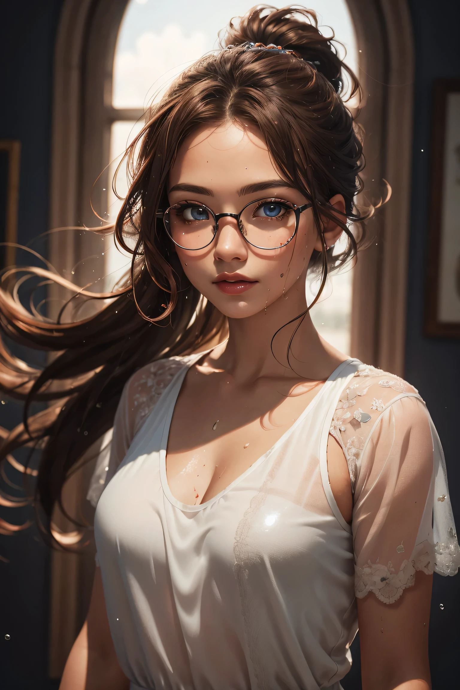 1girl, detailed background, atmospheric, hair flowing in the wind,, auburn hair in ponytail, wearing see through wet white clothes, , tan skin, oily skin, wet hair, freckles, blue eyes, goth makeup, floating particles, backlightinasterpiece))), (((masterwork))), ((top quality)), ((best quality)), ((highest quality)), ((highest fidelity)), ((highest resolution)), ((highres)), ((highest detail)), ((highly detailed)), ((hyper-detailed)), (((detail enhancement))), ((deeply detailed)), awe inspiring, breathtaking, uhd, hdr, fhd, 8k, 16k, 32k, k, meticulous, intricate, intimate, nuanced, (((the most beautiful images in existence))), (((the most beautiful artwork in the world))), (RAW photo, film grain), caustics, subsurface scattering, reflections, photorealistic, 35mm, , natural skin texture, hyperrealism, sharp, glasses