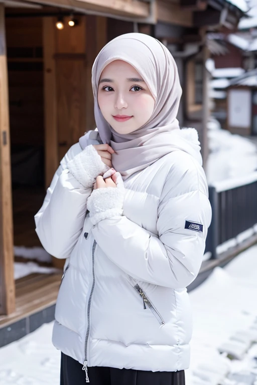 Best quality, 4K, 8K, Detailed faces,fully body photo, Clear face, Japanese muslim girl, 21 years old girl, Perfect body figure, Long slim legs, Pasmina hijab, black hijab, Long down jacket with hood, White jacket, Fur hood jacket, Gloves, Snowy Tokyo background 