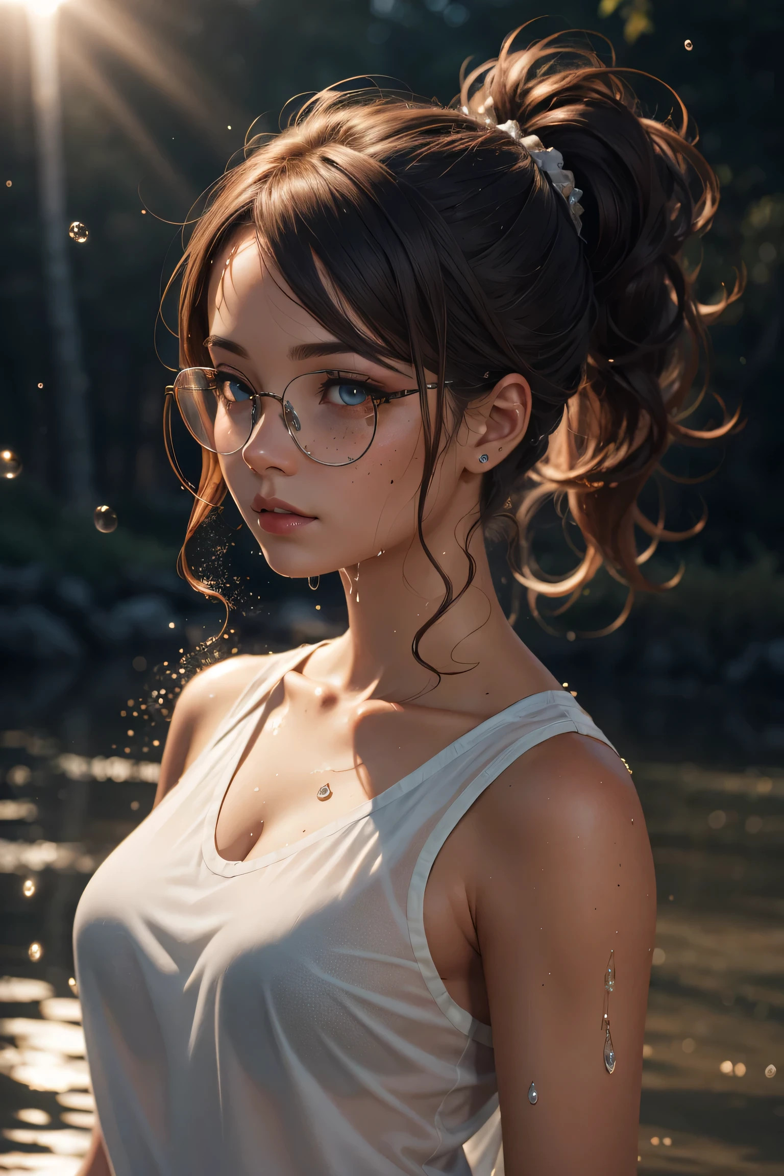 1girl, detailed background, atmospheric, hair flowing in the wind,, auburn hair in ponytail, wearing see through wet white clothes, , tan skin, oily skin, wet hair, freckles, blue eyes, goth makeup, floating particles, backlightinasterpiece))), (((masterwork))), ((top quality)), ((best quality)), ((highest quality)), ((highest fidelity)), ((highest resolution)), ((highres)), ((highest detail)), ((highly detailed)), ((hyper-detailed)), (((detail enhancement))), ((deeply detailed)), awe inspiring, breathtaking, uhd, hdr, fhd, 8k, 16k, 32k, k, meticulous, intricate, intimate, nuanced, (((the most beautiful images in existence))), (((the most beautiful artwork in the world))), (RAW photo, film grain), caustics, subsurface scattering, reflections, photorealistic, 35mm, , natural skin texture, hyperrealism, sharp, glasses