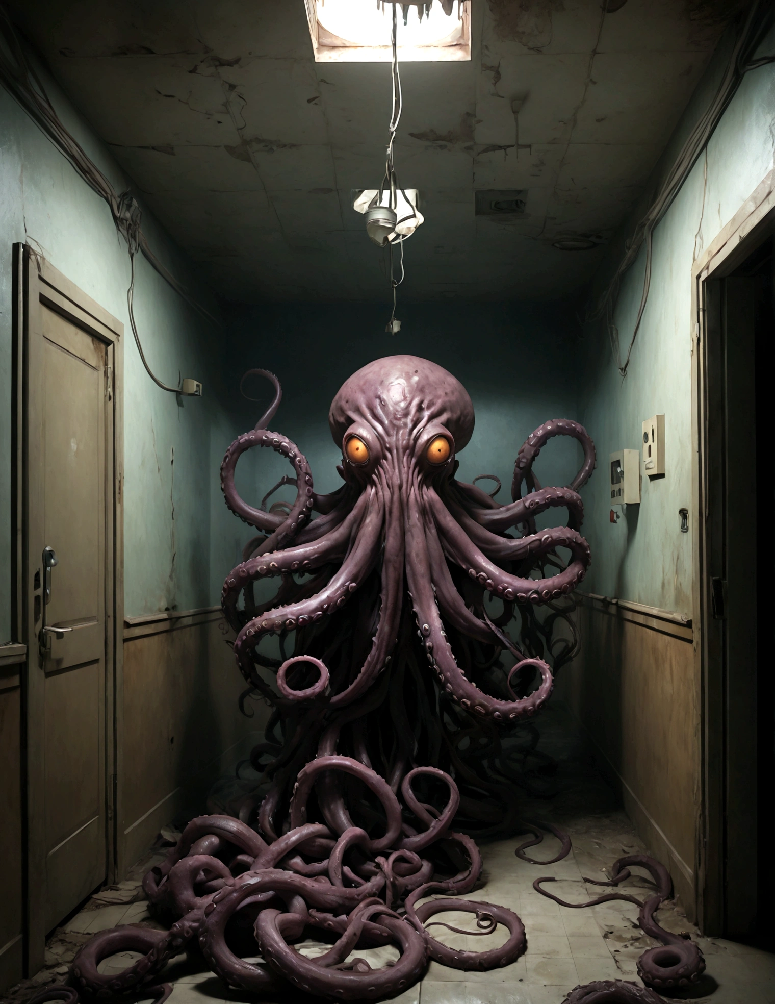 a huge eldritch creature,tentacles,twisted anatomy,nightmarish,disturbing,unsettling,horror,dark fantasy,creepy,ominous,decaying hospital,abandoned room,crumbling walls,dust motes,hazy lighting,sinister atmosphere,(best quality,8k,highres,masterpiece:1.2),ultra-detailed,realistic,photorealistic,photo-realistic:1.37,dramatic lighting,moody colors,deep shadows,unsettling mood