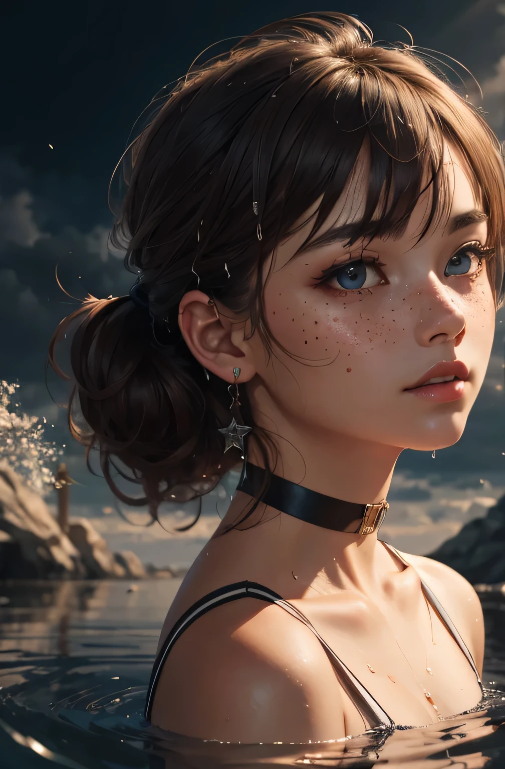 1girl, detailed background, atmospheric, hair flowing in the wind,, auburn hair in ponytail, wearing see through wet white clothes, mesh, tan skin, oily skin, wet hair, freckles, blue eyes, goth makeup, floating particles, backlightinasterpiece))), (((masterwork))), ((top quality)), ((best quality)), ((highest quality)), ((highest fidelity)), ((highest resolution)), ((highres)), ((highest detail)), ((highly detailed)), ((hyper-detailed)), (((detail enhancement))), ((deeply detailed)), awe inspiring, breathtaking, uhd, hdr, fhd, 8k, 16k, 32k, k, meticulous, intricate, intimate, nuanced, (((the most beautiful images in existence))), (((the most beautiful artwork in the world))), (RAW photo, film grain), caustics, subsurface scattering, reflections, photorealistic, 35mm, , natural skin texture, hyperrealism, sharp, glasses, medium hair, choker