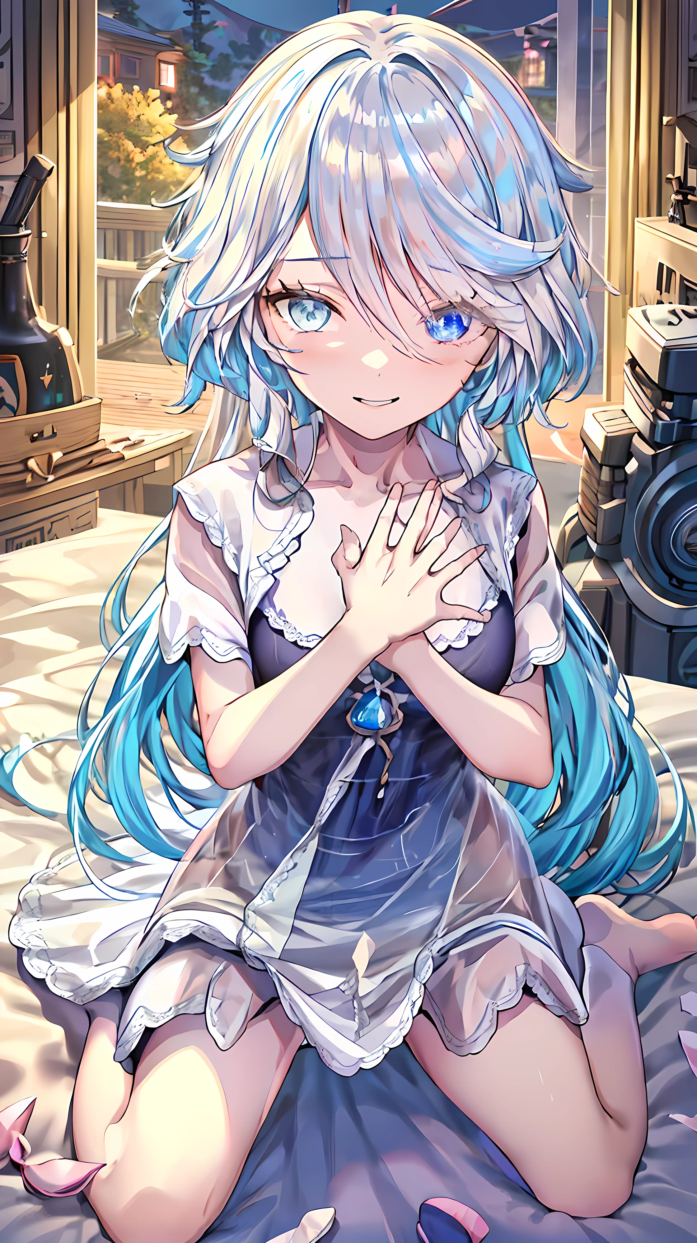 furina, heterochromia, short hair break (Nightgown:1.5), barefoot, barefoot, (wariza:1.5), Half-closed eyes, (On the bed:1.4) break looking at viewer, (Cowboy Shot:1.5), smile,Composition from below, Thighs, Sexy break (masterpiece:1.2), highest quality, High resolution, unity 8k wallpaper, (figure:0.8), (Beautiful fine grain:1.6), Highly detailed face, Perfect lighting, Highly detailed CG, (Perfect hands, Perfect Anatomy) break ((masterpiece,highest quality)), Super detailed, Shine, shine, Ray Tracing, (Perfect Face, Detailed face, Fine grain, Perfect hands, Perfect Fingers:1.5), hd, Super cute face, highest quality, Super detailed break Shine目, (highest quality realistic illustrations), (Super fine), (Cute illustrations:1.3), (High chroma:1.3),, Beautiful detailed face and eyes, Dynamic lighting, (Very delicate and beautiful) break (Nice hands), (Perfect hands:1.4), Highly detailed illustration, Super cute and beautiful, highest quality, slender, ,Baby Face,