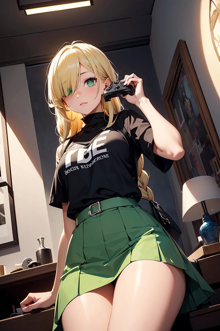 (1 girl), (((One eye is hidden by hair))),Sit on the ground, play video games, Have a controller, Lots of silver accessories, In my room, big 1.3 ,skirt, Cool Fashion , ((Angle from below)), Cowboy Shot, Punk Fashion,(super high quality), masterpiece, cute, Casual Scene, Relaxed atmosphere, She is wearing fashionable clothes, beautiful表情 ,Perfect body,Fresh, (Asymmetrical bangs:1.3), Braided hair, Highly detailed face and eyes, (Blonde Hair, Gradient light green eyes:1.2),(Shining highlight eye), Digital Art, beautiful, Cinema Lighting, by Yusuke Murata.tonality, Romanticism, modern art, Impressionism, reflected light, 8k, masterpiece, Advanced Details, highest quality