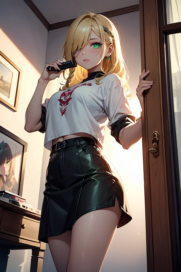 (1 girl), (((One eye is hidden by hair))),Sit on the ground, play video games, Have a controller, Lots of silver accessories, In my room, big 1.3 ,skirt, Cool Fashion , ((Angle from below)), Cowboy Shot, Punk Fashion,(super high quality), masterpiece, cute, Casual Scene, Relaxed atmosphere, She is wearing fashionable clothes, beautiful表情 ,Perfect body,Fresh, (Asymmetrical bangs:1.3), Braided hair, Highly detailed face and eyes, (Blonde Hair, Gradient light green eyes:1.2),(Shining highlight eye), Digital Art, beautiful, Cinema Lighting, by Yusuke Murata.tonality, Romanticism, modern art, Impressionism, reflected light, 8k, masterpiece, Advanced Details, highest quality