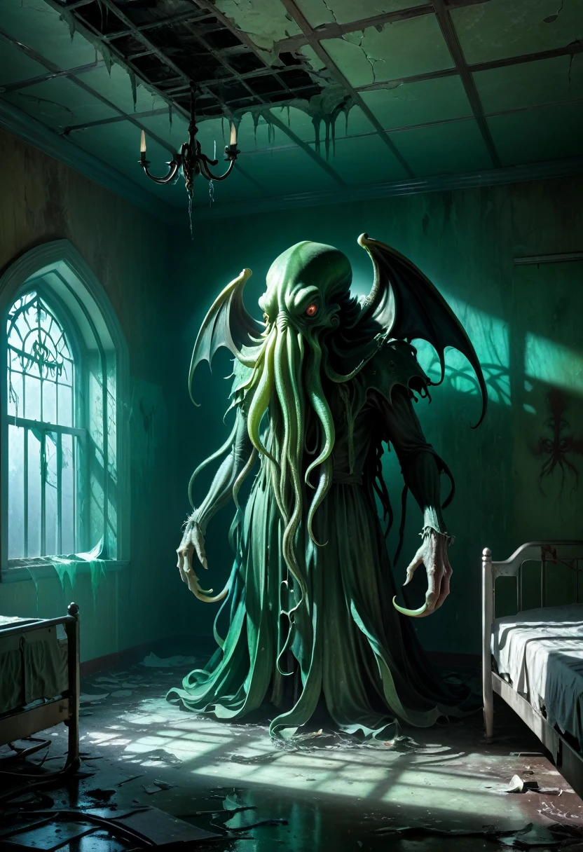 A Cthulhu creature standing in a dilapidated hospital ward,cobweb,Twisted metal bed,Peeling paint,Broken windows,Moonlight through,Shadows Lurk,Chiaroscuro lighting,Pastel color palette,(Best quality,4k,8k,masterpiece:1.2),Ultra Detail,fear,Gothic